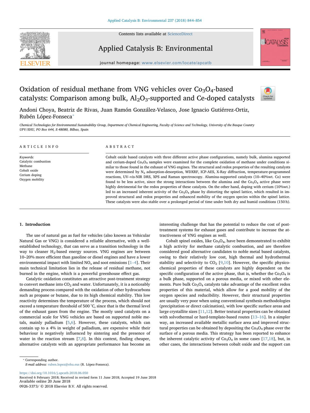 Oxidation Of Residual Methane From Vng Vehicles Over Co3o4based Catalysts Comparison Among Bulk Al2o3supported And Cedoped Catalysts Andoni Choya Beatriz De Rivas Juan Ramn Gonzlezvelasco Jose Ignacio Gutirrezortiz Rubn Lpezfonseca