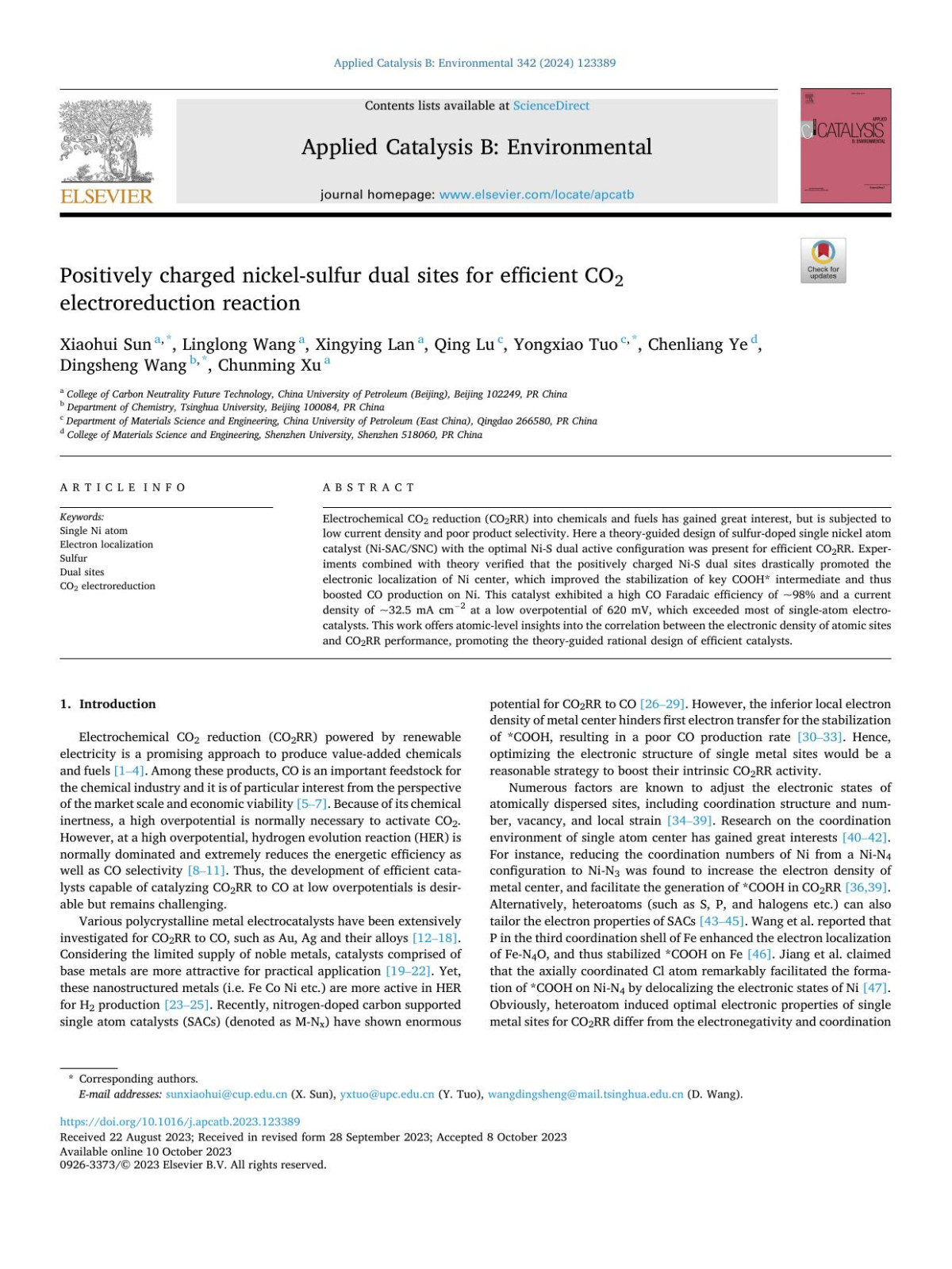 Positively Charged Nickelsulfur Dual Sites For Efficient Co2 Electroreduction Reaction Xiaohui Sun