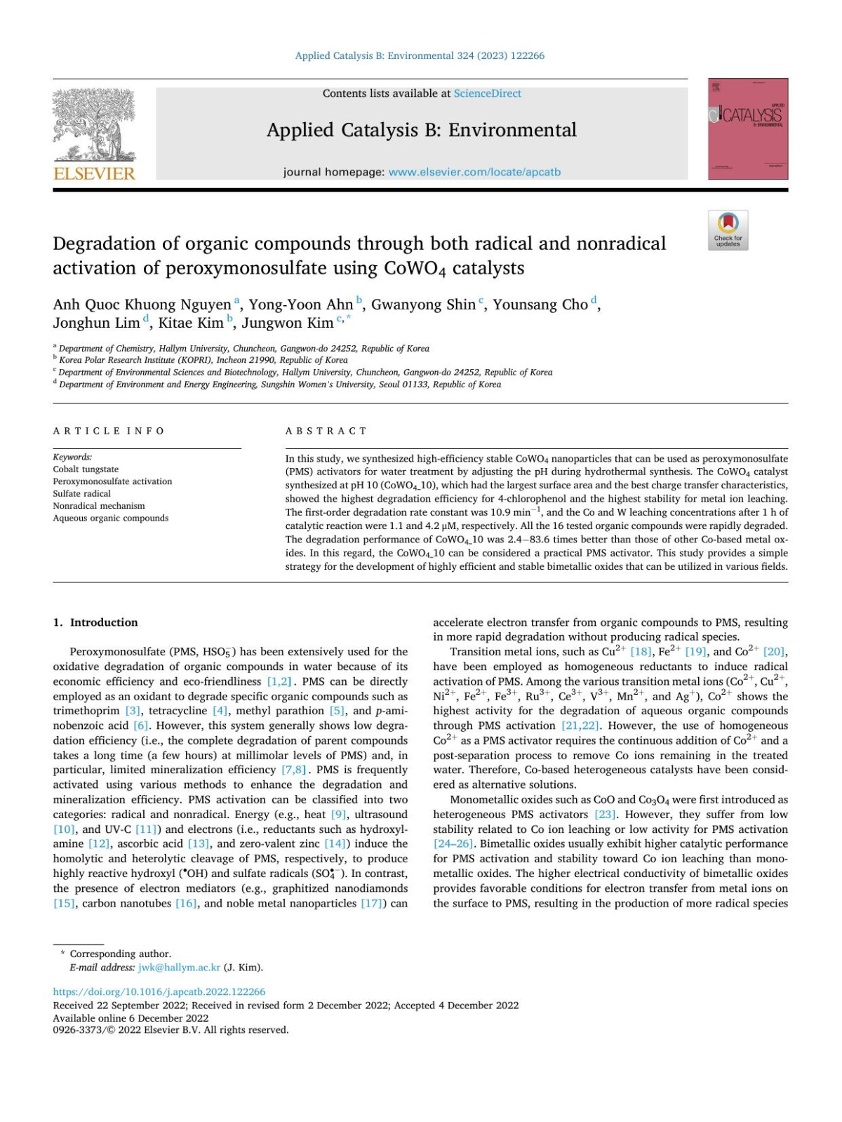 Degradation Of Organic Compounds Through Both Radical And Nonradical Activation Of Peroxymonosulfate Using Cowo4 Catalysts Anh Quoc Khuong Nguyen