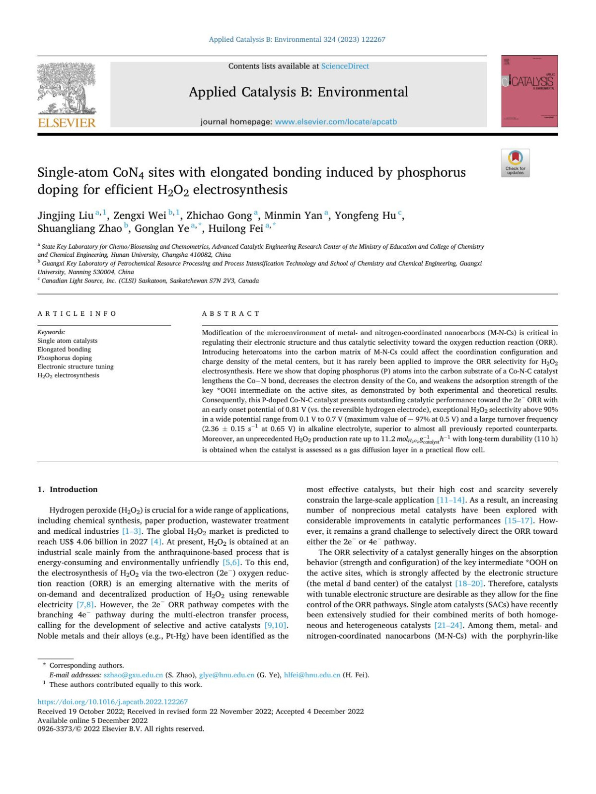 Singleatom Con4 Sites With Elongated Bonding Induced By Phosphorus Doping For Efficient H2o2 Electrosynthesis Jingjing Liu