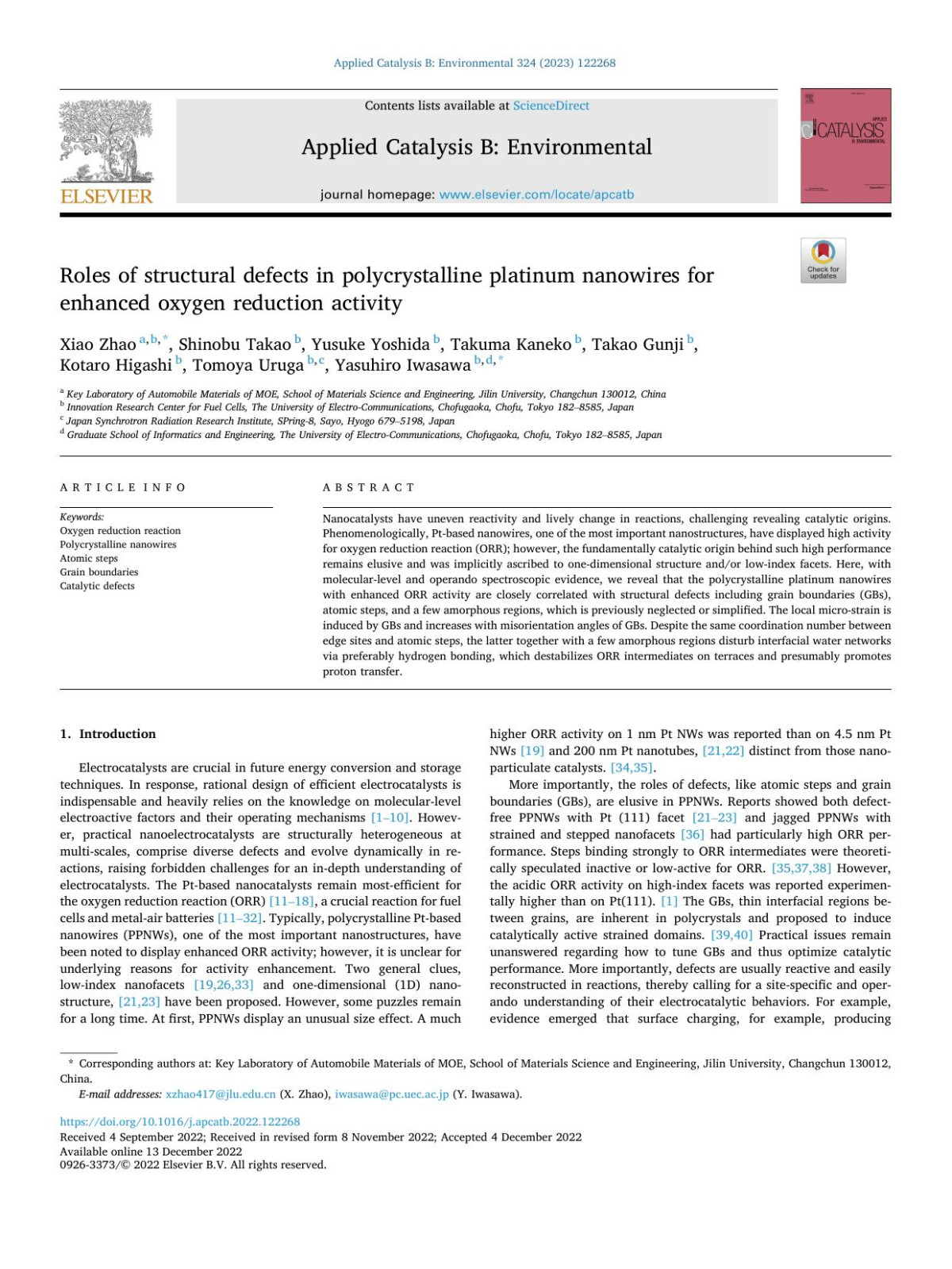 Roles Of Structural Defects In Polycrystalline Platinum Nanowires For Enhanced Oxygen Reduction Activity Xiao Zhao