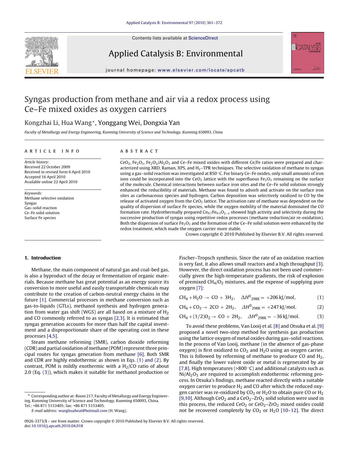 Syngas Production From Methane And Air Via A Redox Process Using Cefe Mixed Oxides As Oxygen Carriers Kongzhai Li Hua Wang Yonggang Wei Dongxia Yan