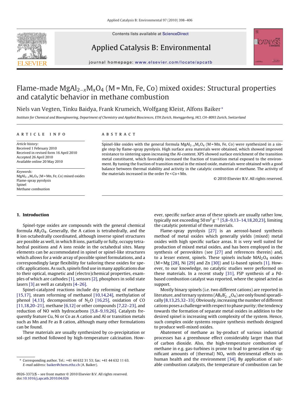 Flamemade Mgal2xmxo4 Mmn Fe Co Mixed Oxides Structural Properties And Catalytic Behavior In Methane Combustion Niels Van Vegten Tinku Baidya Frank Krumeich Wolfgang Kleist Alfons Baiker