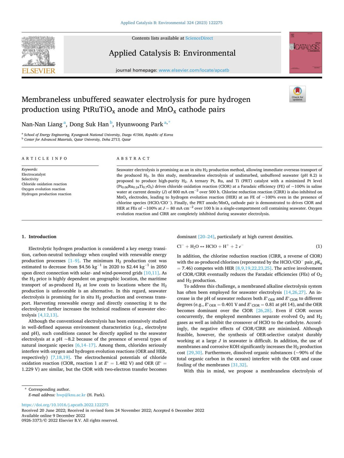 Membraneless Unbuffered Seawater Electrolysis For Pure Hydrogen Production Using Ptrutiox Anode And Mnox Cathode Pairs Nannan Liang