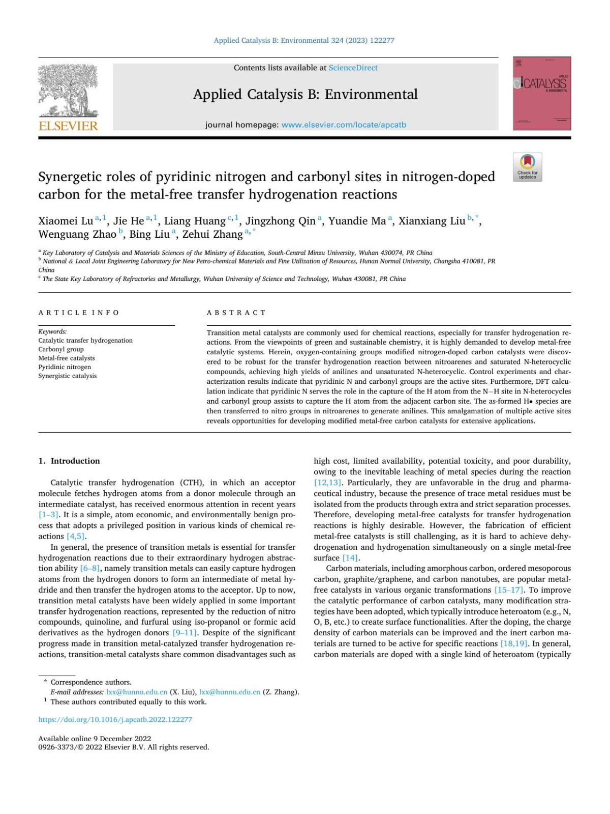 Synergetic Roles Of Pyridinic Nitrogen And Carbonyl Sites In Nitrogendoped Carbon For The Metalfree Transfer Hydrogenation Reactions Xiaomei Lu