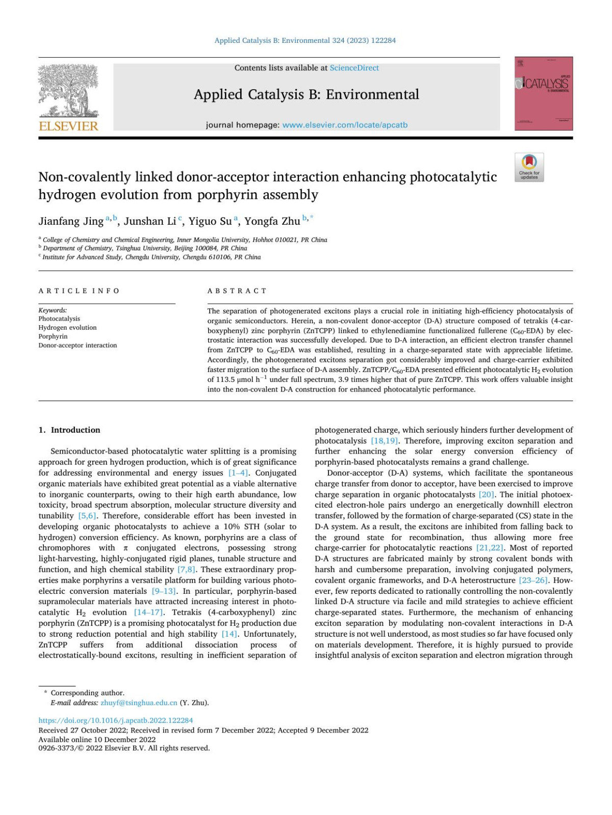 Noncovalently Linked Donoracceptor Interaction Enhancing Photocatalytic Hydrogen Evolution From Porphyrin Assembly Jianfang Jing