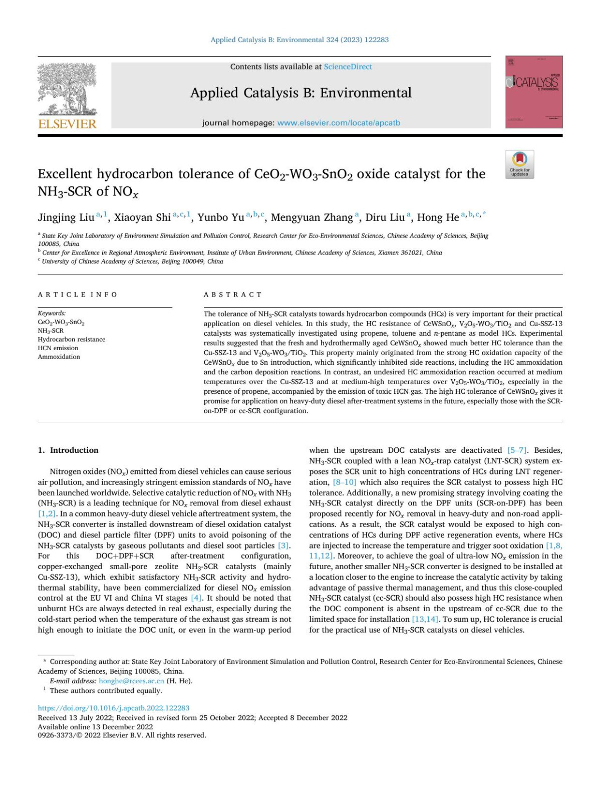 Excellent Hydrocarbon Tolerance Of Ceo2wo3sno2 Oxide Catalyst For The Nh3scr Of No X Jingjing Liu