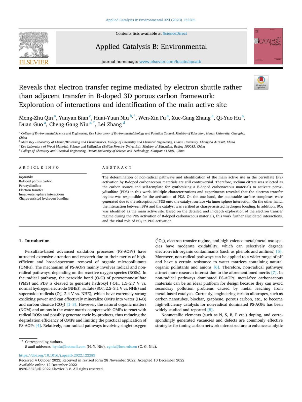 Reveals That Electron Transfer Regime Mediated By Electron Shuttle Rather Than Adjacent Transfer In Bdoped 3d Porous Carbon Framework Exploration Of Interactions And Identification Of The Main Active Site Mengzhu Qin