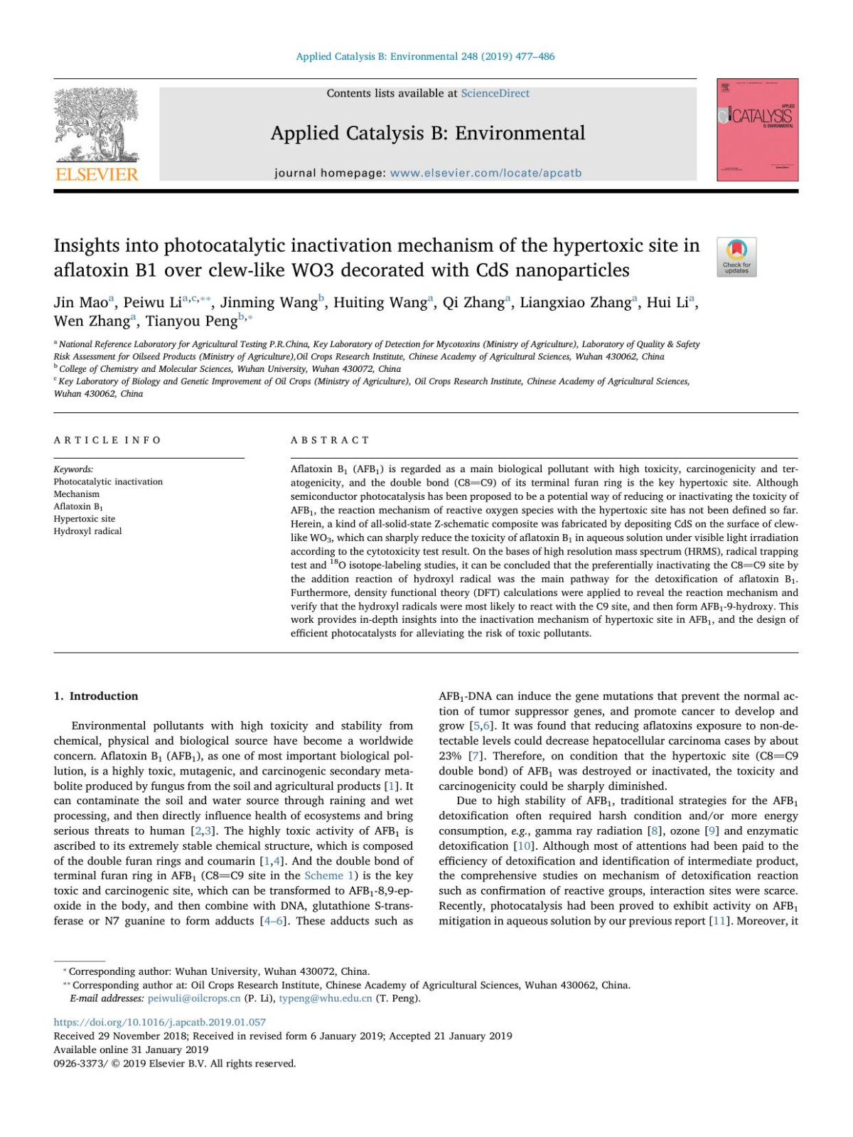 Insights Into Photocatalytic Inactivation Mechanism Of The Hypertoxic Site In Aflatoxin B1 Over Clewlike Wo3 Decorated With Cds Nanoparticles Jin Mao Peiwu Li Jinming Wang Huiting Wang Qi Zhang Liangxiao Zhang Hui Li Wen Zhang Tianyou Peng