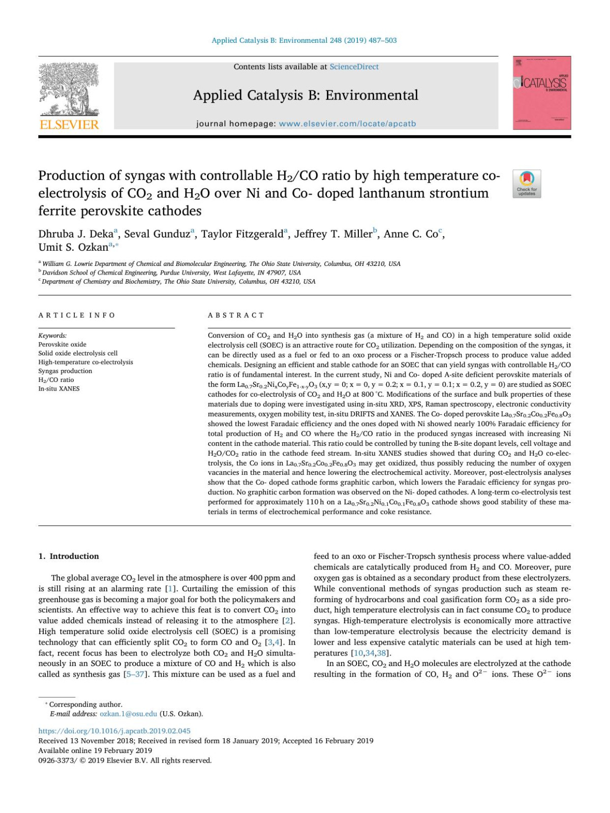 Production Of Syngas With Controllable H2co Ratio By High Temperature Coelectrolysis Of Co2 And H2o Over Ni And Co Doped Lanthanum Strontium Ferrite Perovskite Cathodes Dhruba J Deka Seval Gunduz Taylor Fitzgerald Jeffrey T Miller Anne C Co Umit S Ozkan