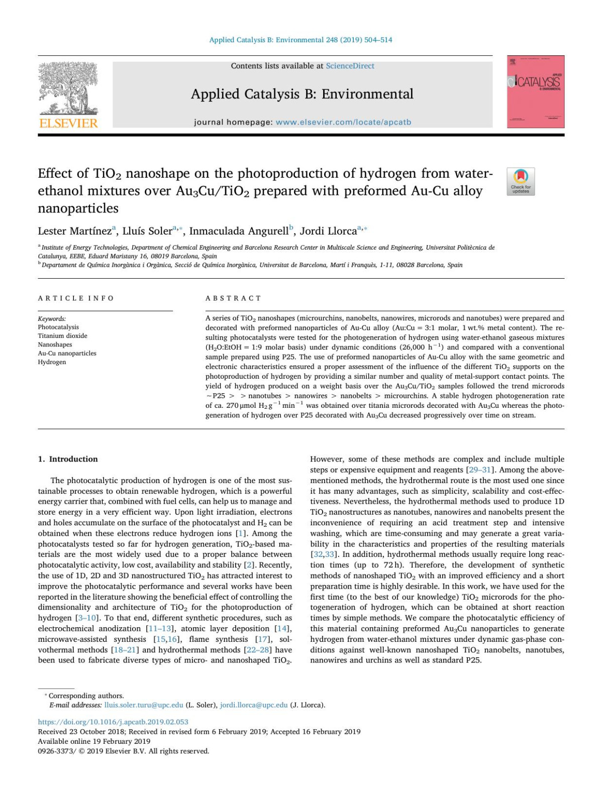 Effect Of Tio2 Nanoshape On The Photoproduction Of Hydrogen From Waterethanol Mixtures Over Au3cutio2 Prepared With Preformed Aucu Alloy Nanoparticles Lester Martnez Llus Soler Inmaculada Angurell Jordi Llorca