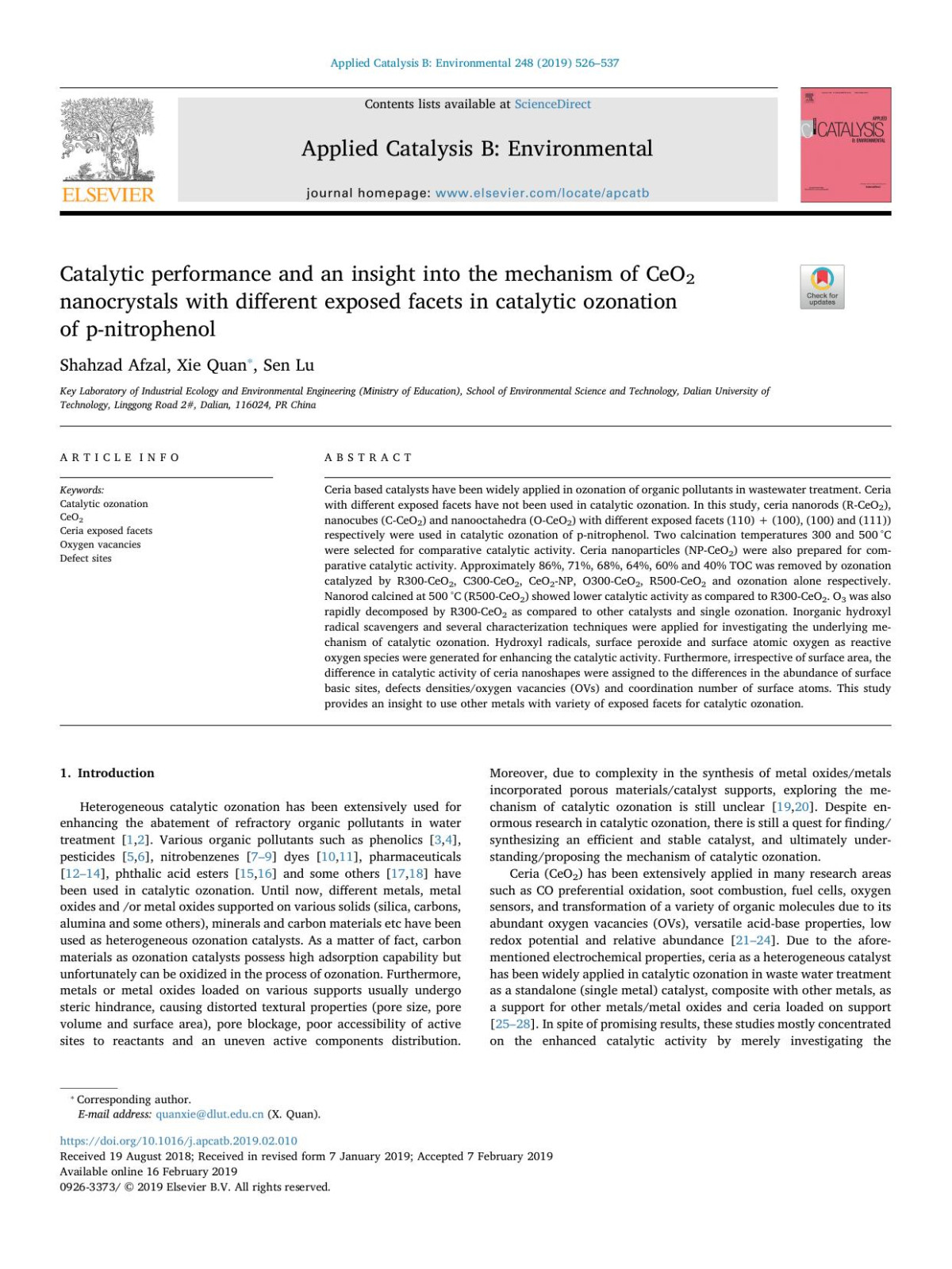 Catalytic Performance And An Insight Into The Mechanism Of Ceo2 Nanocrystals With Different Exposed Facets In Catalytic Ozonation Of Pnitrophenol Shahzad Afzal Xie Quan Sen Lu