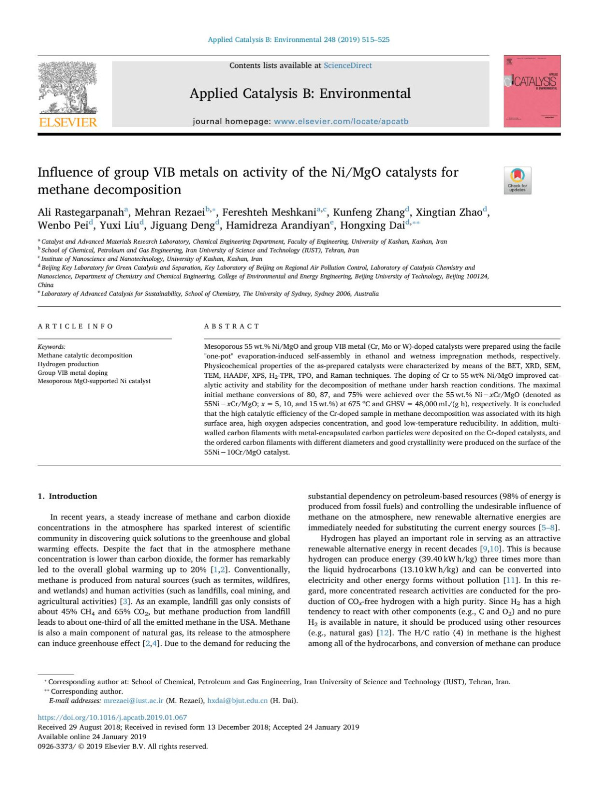 Influence Of Group Vib Metals On Activity Of The Nimgo Catalysts For Methane Decomposition Ali Rastegarpanah Mehran Rezaei Fereshteh Meshkani Kunfeng Zhang Xingtian Zhao Wenbo Pei Yuxi Liu Jiguang Deng Hamidreza Arandiyan Hongxing Dai