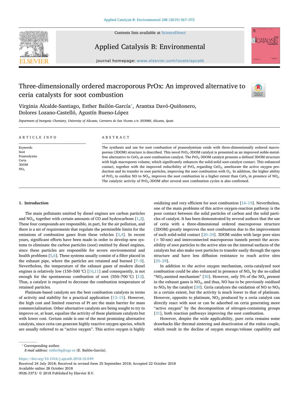 Threedimensionally Ordered Macroporous Prox An Improved Alternative To Ceria Catalysts For Soot Combustion Virginia Alcaldesantiago Esther Bailngarca Arantxa Davquionero Dolores Lozanocastell Agustn Buenolpez