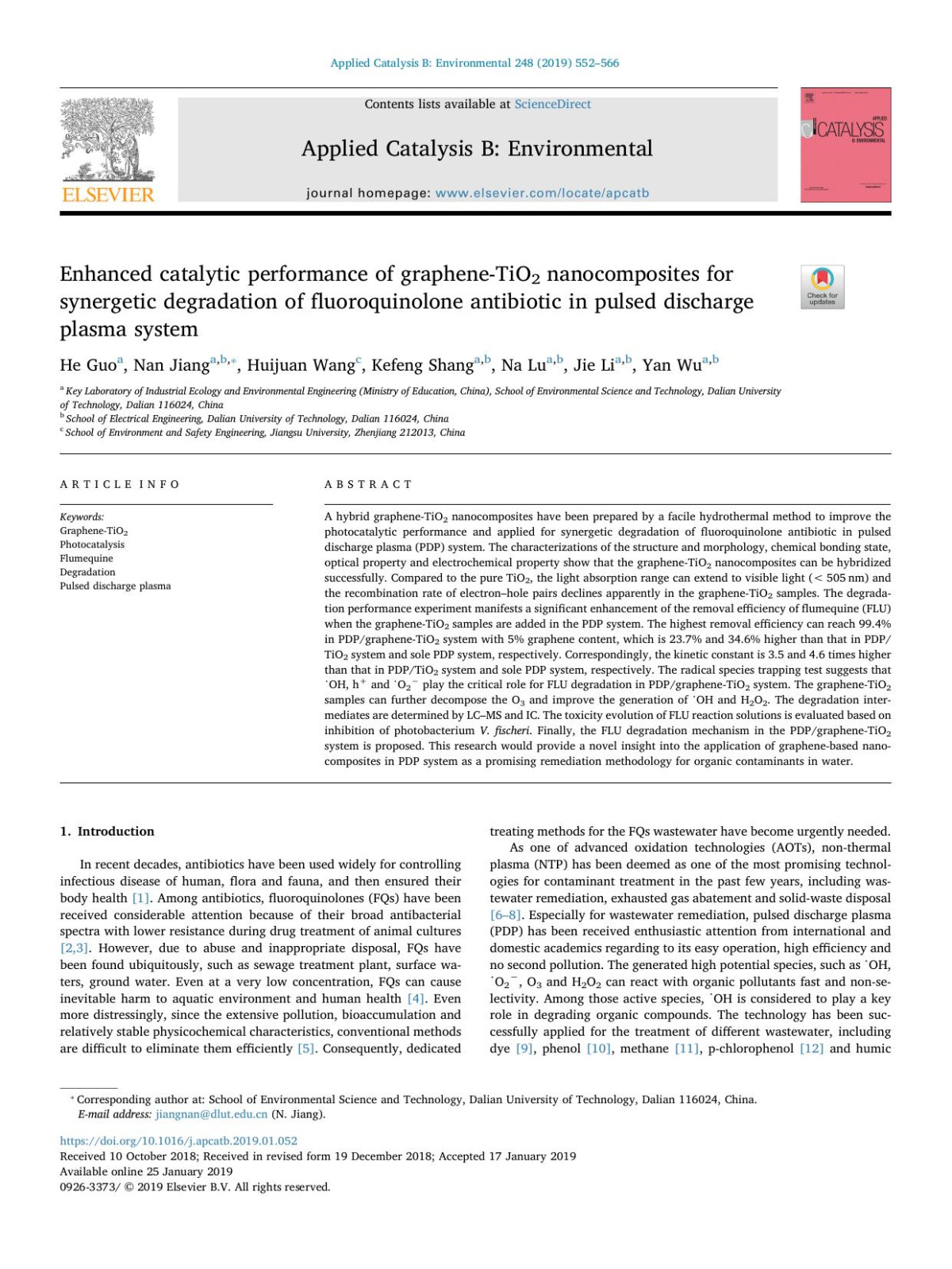 Enhanced Catalytic Performance Of Graphenetio2 Nanocomposites For Synergetic Degradation Of Fluoroquinolone Antibiotic In Pulsed Discharge Plasma System He Guo Nan Jiang Huijuan Wang Kefeng Shang Na Lu Jie Li Yan Wu