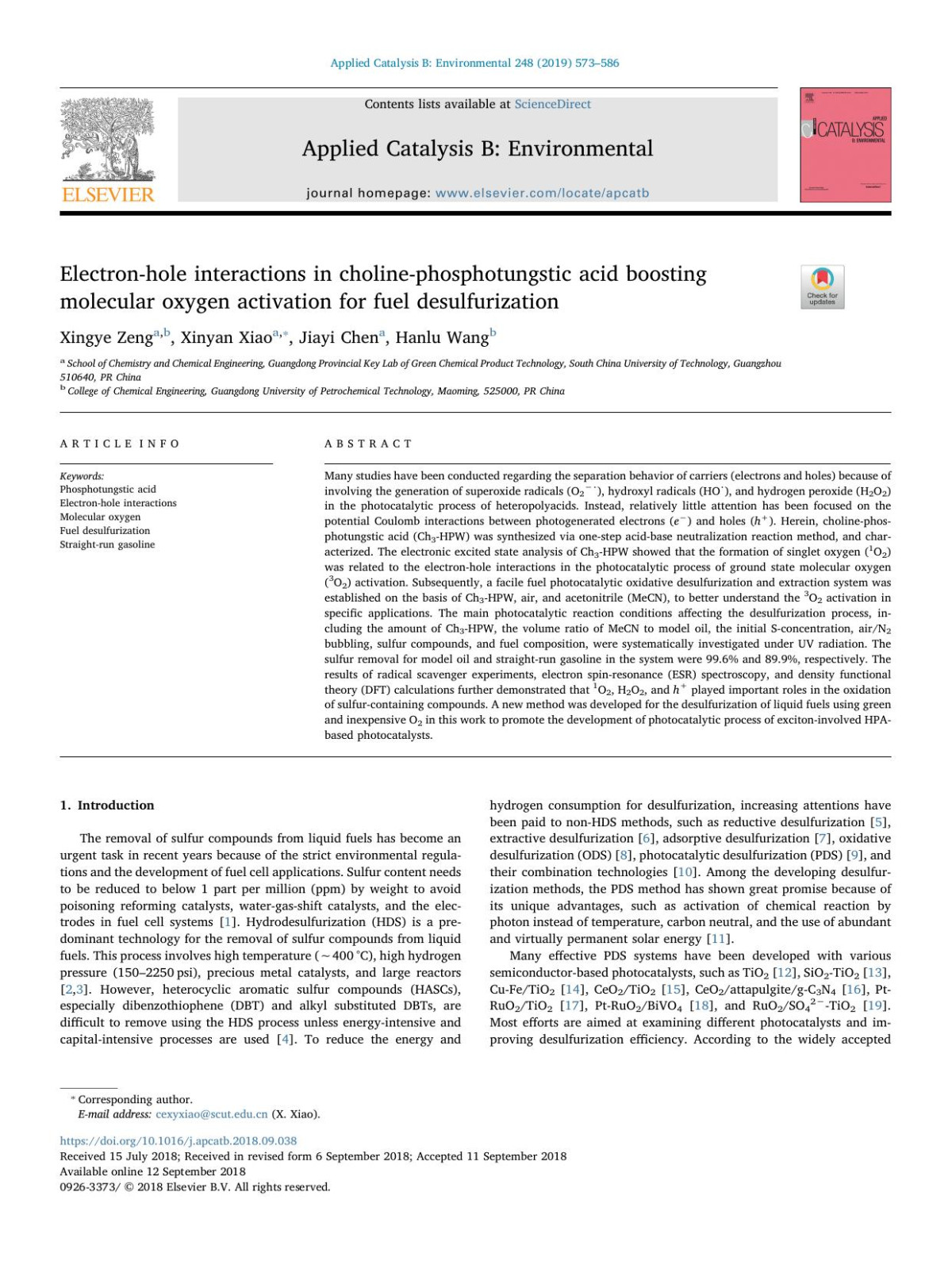 Electronhole Interactions In Cholinephosphotungstic Acid Boosting Molecular Oxygen Activation For Fuel Desulfurization Xingye Zeng Xinyan Xiao Jiayi Chen Hanlu Wang