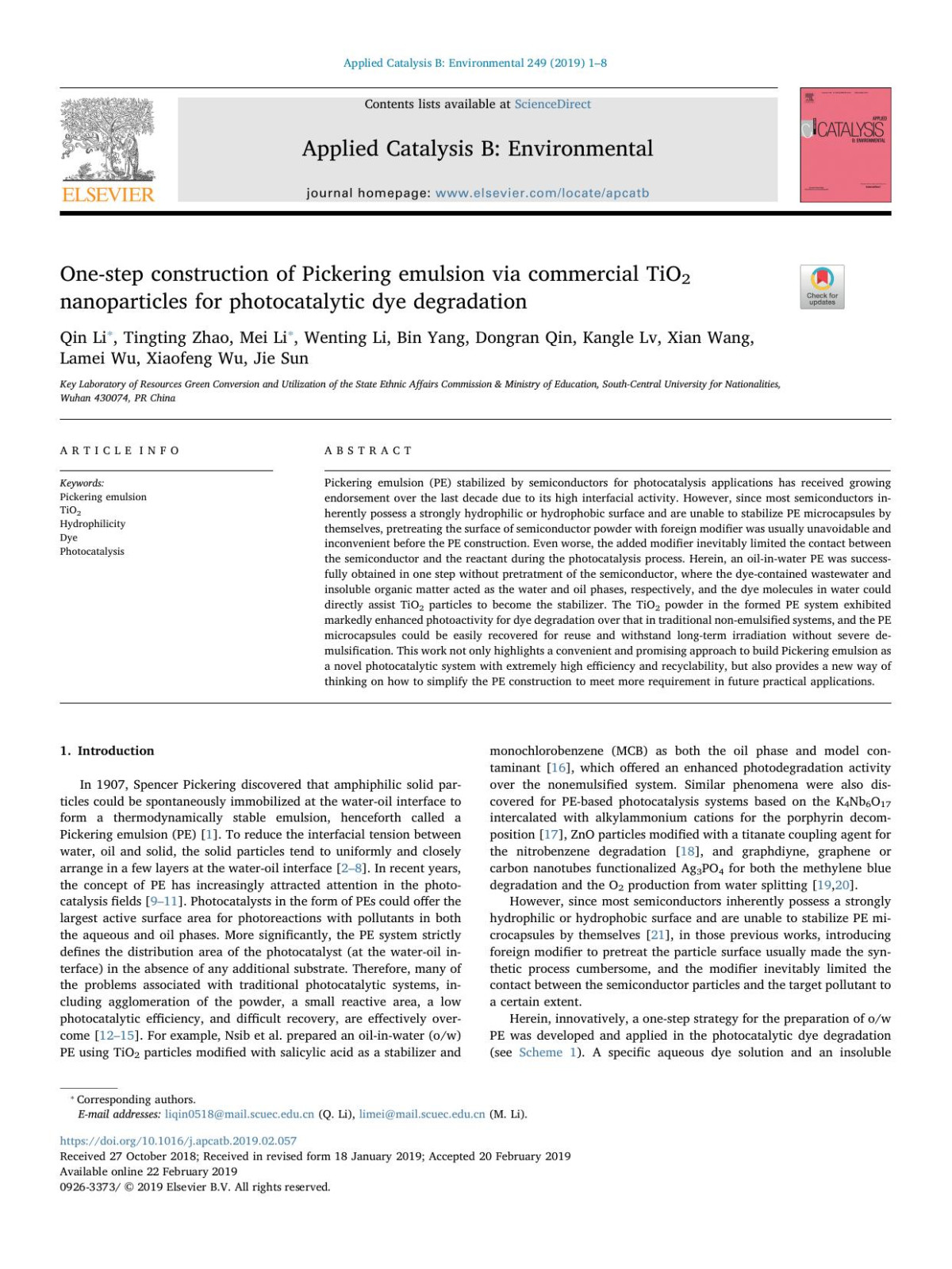 Onestep Construction Of Pickering Emulsion Via Commercial Tio2 Nanoparticles For Photocatalytic Dye Degradation Qin Li Tingting Zhao Mei Li Wenting Li Bin Yang Dongran Qin Kangle Lv Xian Wang Lamei Wu Xiaofeng Wu Jie Sun