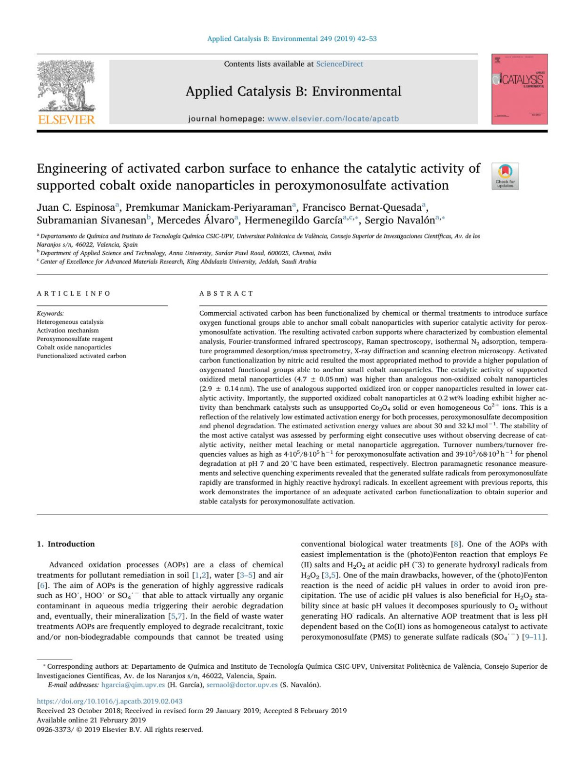 Engineering Of Activated Carbon Surface To Enhance The Catalytic Activity Of Supported Cobalt Oxide Nanoparticles In Peroxymonosulfate Activation Juan C Espinosa Premkumar Manickamperiyaraman Francisco Bernatquesada Subramanian Sivanesan Mercedes Lvaro Hermenegildo Garca Sergio Navaln
