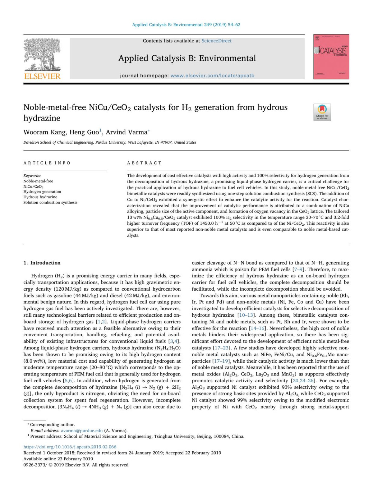 Noblemetalfree Nicuceo2 Catalysts For H2 Generation From Hydrous Hydrazine Wooram Kang Heng Guo Arvind Varma