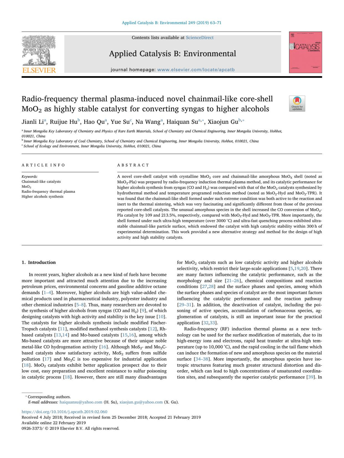 Radiofrequency Thermal Plasmainduced Novel Chainmaillike Coreshell Moo2 As Highly Stable Catalyst For Converting Syngas To Higher Alcohols Jianli Li Ruijue Hu Hao Qu Yue Su Na Wang Haiquan Su Xiaojun Gu
