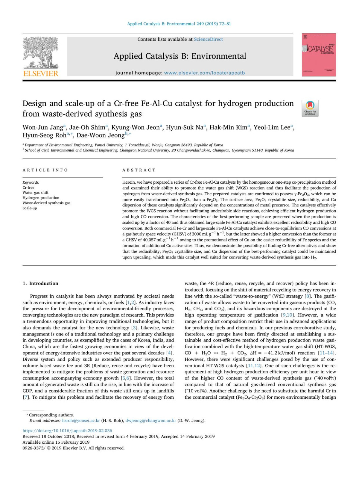 Design And Scaleup Of A Crfree Fealcu Catalyst For Hydrogen Production From Wastederived Synthesis Gas Wonjun Jang Jaeoh Shim Kyungwon Jeon Hyunsuk Na Hakmin Kim Yeollim Lee Hyunseog Roh Daewoon Jeong