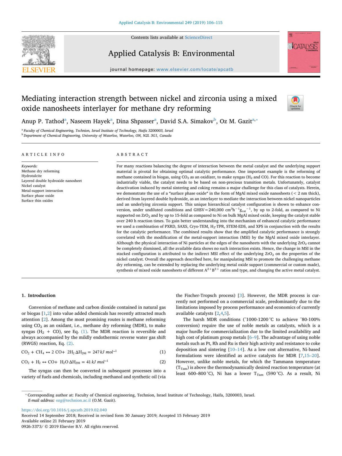 Mediating Interaction Strength Between Nickel And Zirconia Using A Mixed Oxide Nanosheets Interlayer For Methane Dry Reforming Anup P Tathod Naseem Hayek Dina Shpasser David Sa Simakov Oz M Gazit