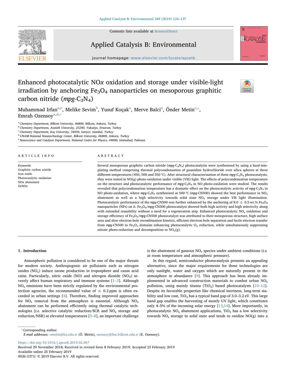 Enhanced Photocatalytic Nox Oxidation And Storage Under Visiblelight Irradiation By Anchoring Fe3o4 Nanoparticles On Mesoporous Graphitic Carbon Nitride Mpgc3n4 Muhammad Irfan Melike Sevim Yusuf Koak Merve Balci Nder Metin Emrah Ozensoy