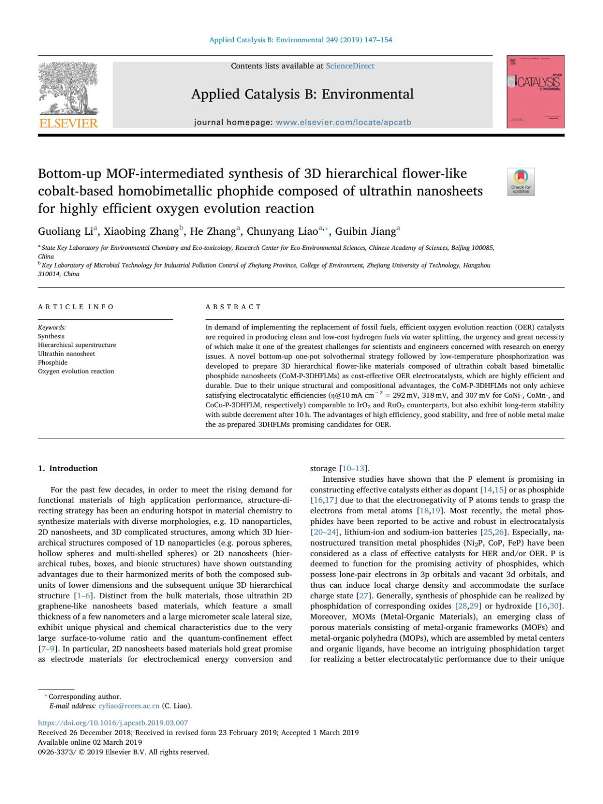 Bottomup Mofintermediated Synthesis Of 3d Hierarchical Flowerlike Cobaltbased Homobimetallic Phophide Composed Of Ultrathin Nanosheets For Highly Efficient Oxygen Evolution Reaction Guoliang Li Xiaobing Zhang He Zhang Chunyang Liao Guibin Jiang
