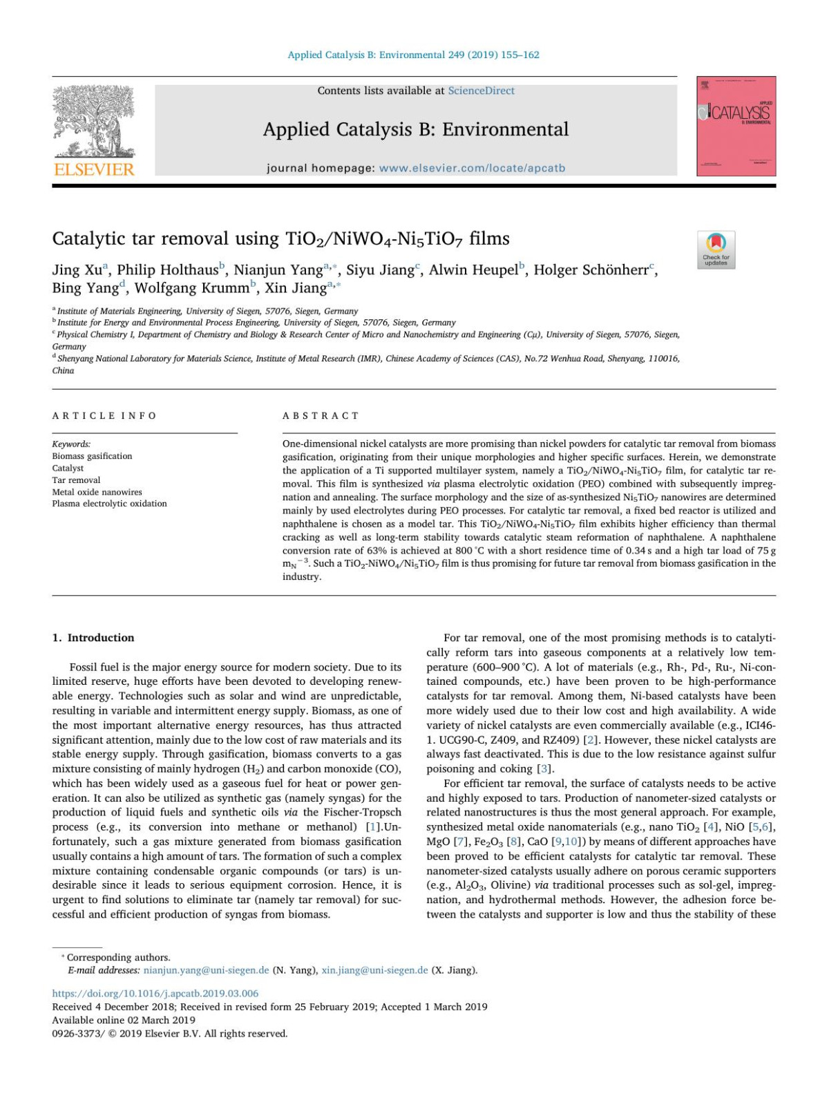 Catalytic Tar Removal Using Tio2niwo4ni5tio7 Films Jing Xu Philip Holthaus Nianjun Yang Siyu Jiang Alwin Heupel Holger Schnherr Bing Yang Wolfgang Krumm Xin Jiang
