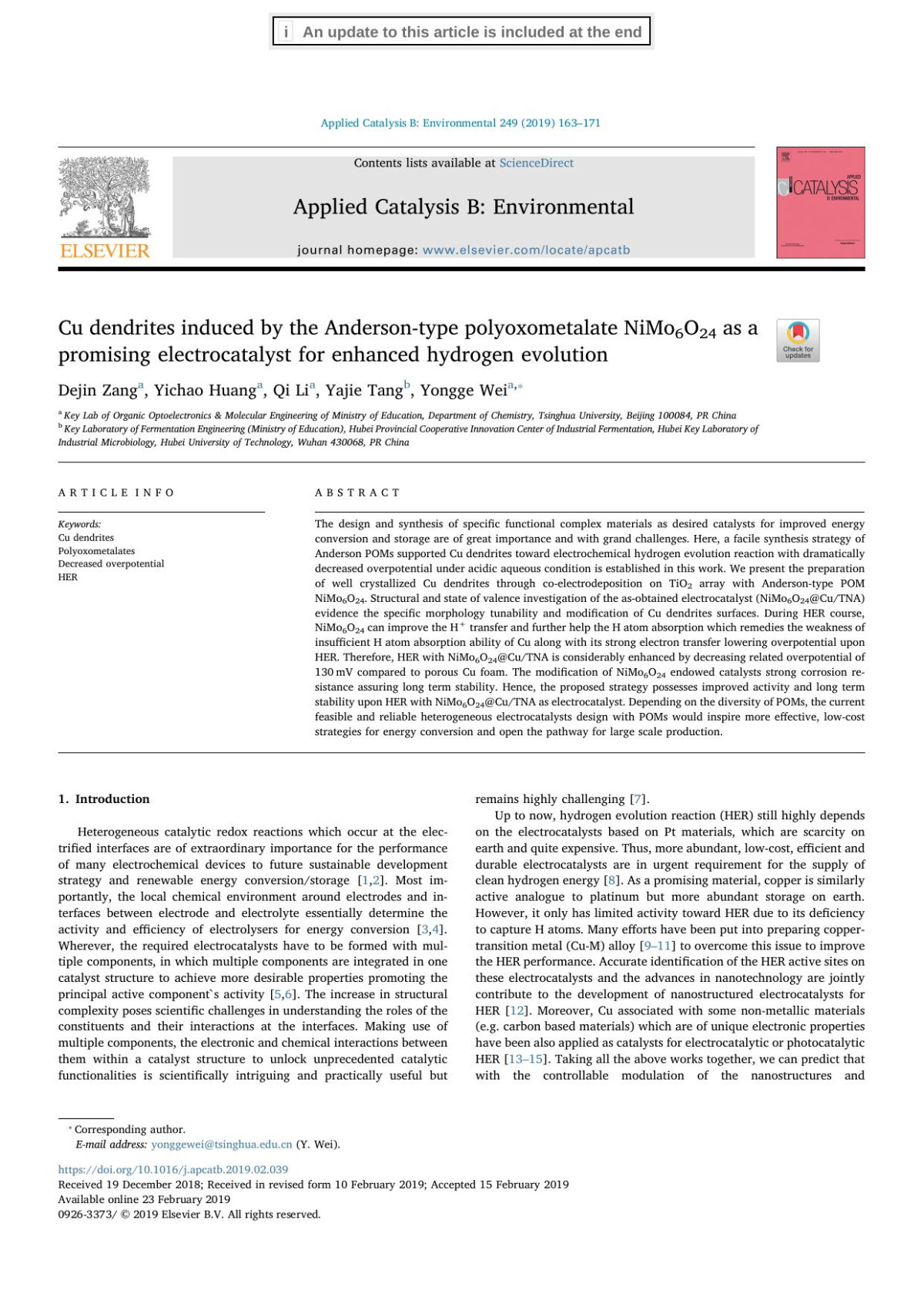 Cu Dendrites Induced By The Andersontype Polyoxometalate Nimo6o24 As A Promising Electrocatalyst For Enhanced Hydrogen Evolution Dejin Zang Yichao Huang Qi Li Yajie Tang Yongge Wei
