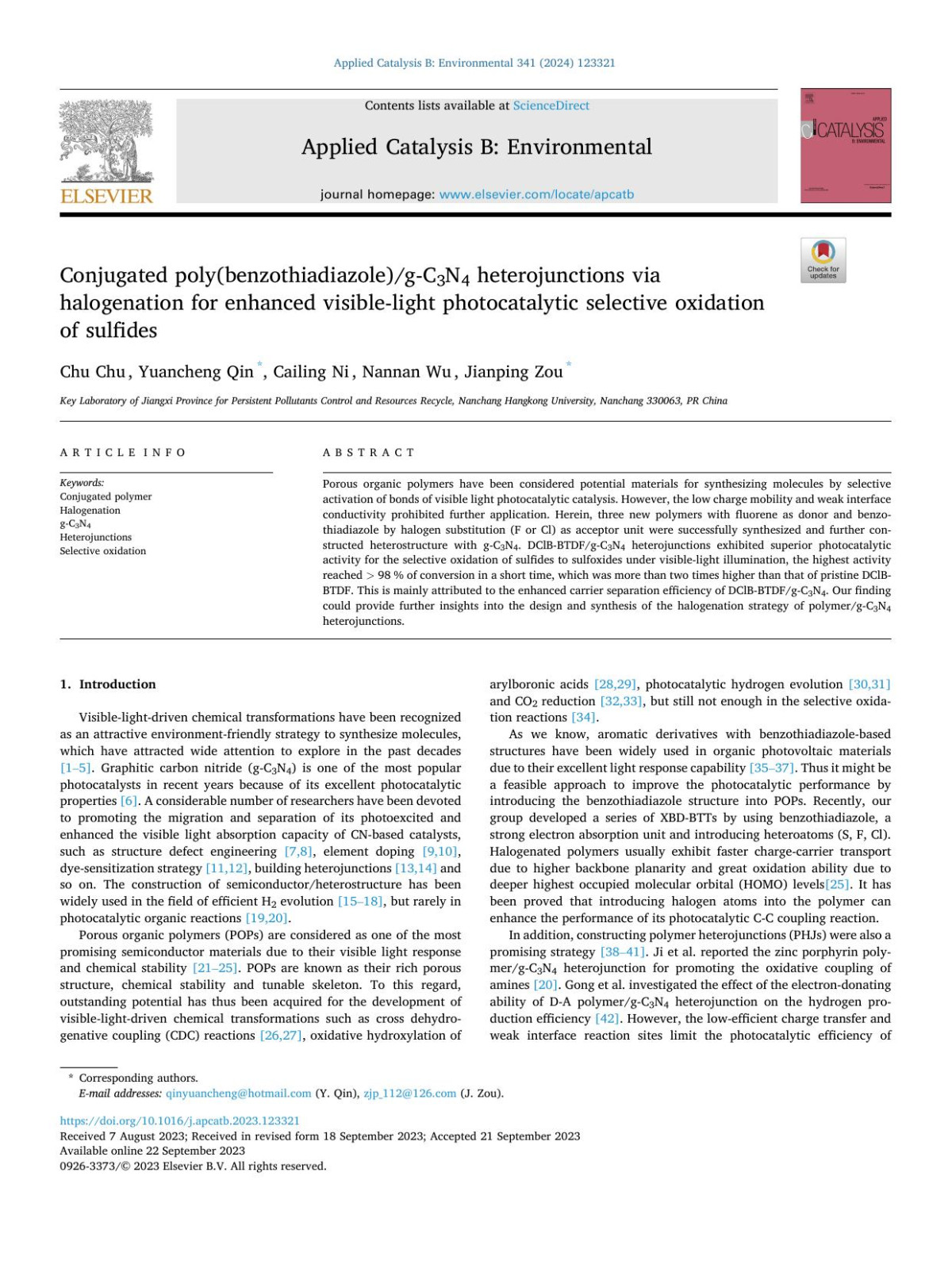 Conjugated Polybenzothiadiazolegc3n4 Heterojunctions Via Halogenation For Enhanced Visiblelight Photocatalytic Selective Oxidation Of Sulfides Chu Chu