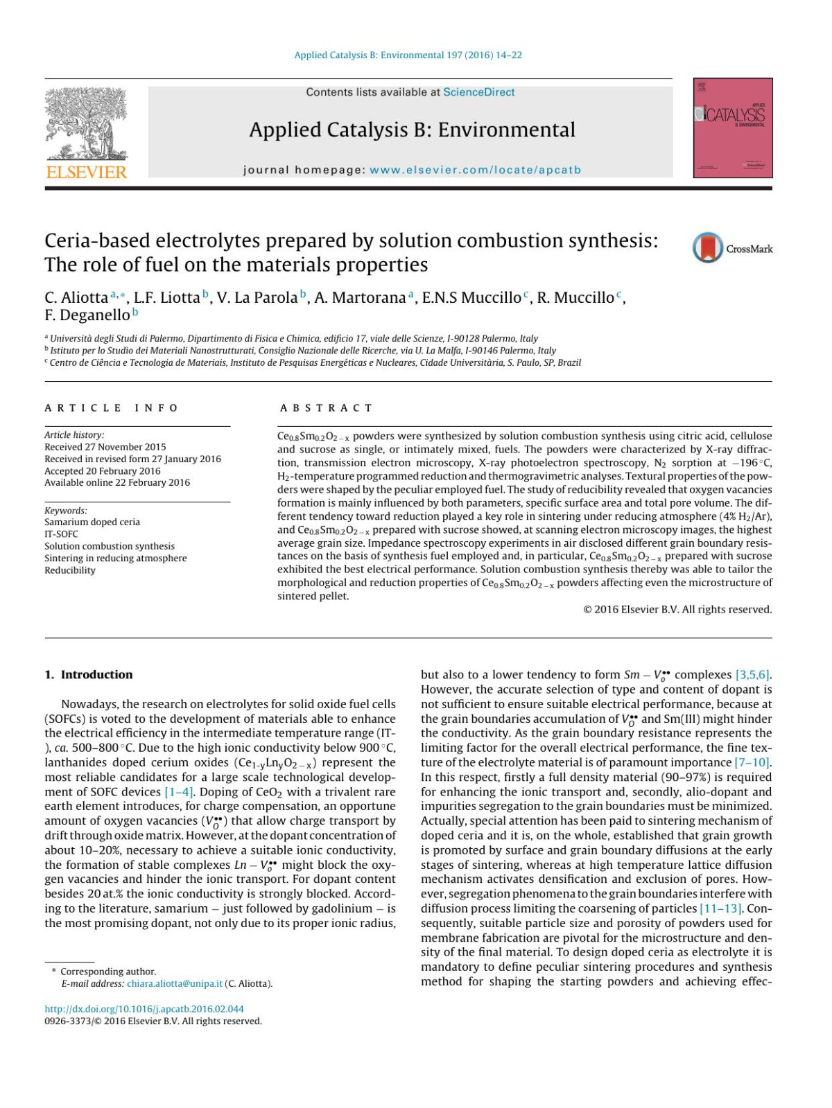 Ceriabased Electrolytes Prepared By Solution Combustion Synthesis The Role Of Fuel On The Materials Properties C Aliotta Lf Liotta V La Parola A Martorana Ens Muccillo R Muccillo F Deganello