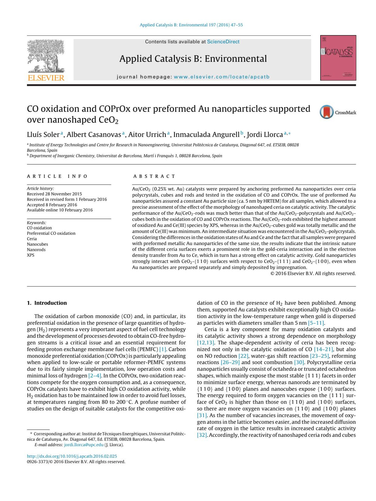 Co Oxidation And Coprox Over Preformed Au Nanoparticles Supported Over Nanoshaped Ceo2 Llus Soler Albert Casanovas Aitor Urrich Inmaculada Angurell Jordi Llorca