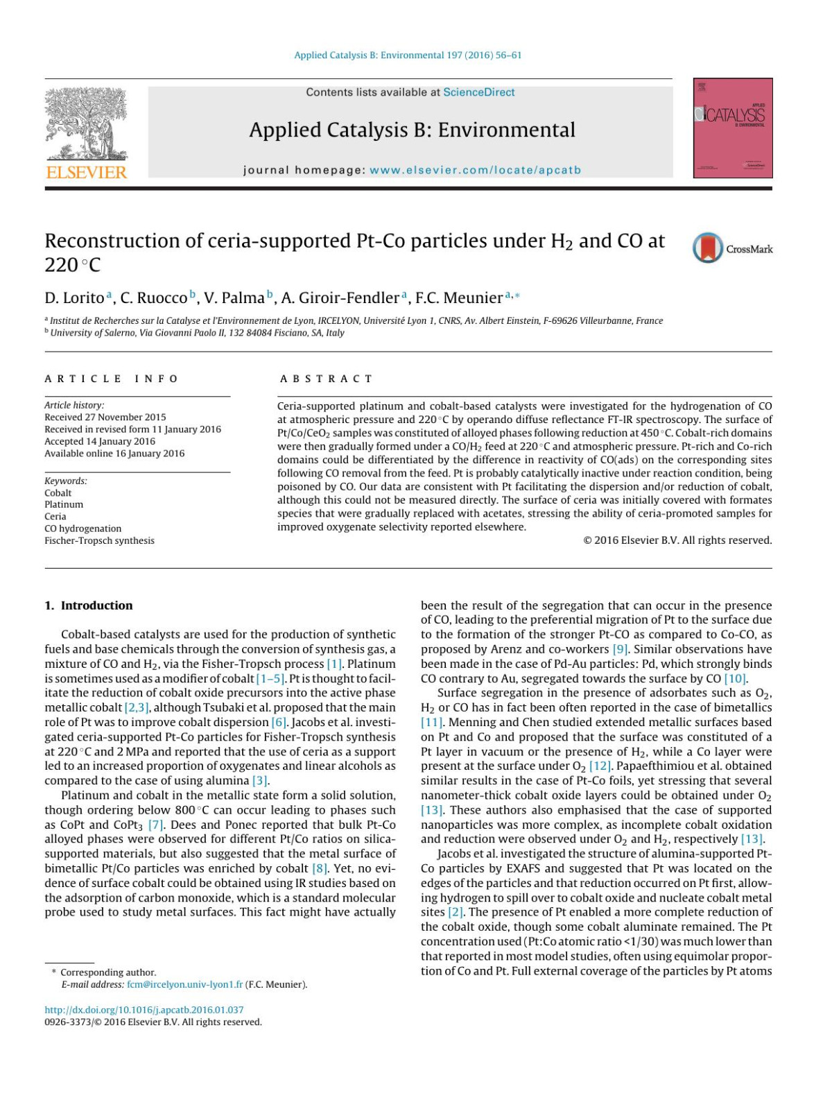 Reconstruction Of Ceriasupported Ptco Particles Under H2 And Co At 220c D Lorito C Ruocco V Palma A Giroirfendler Fc Meunier