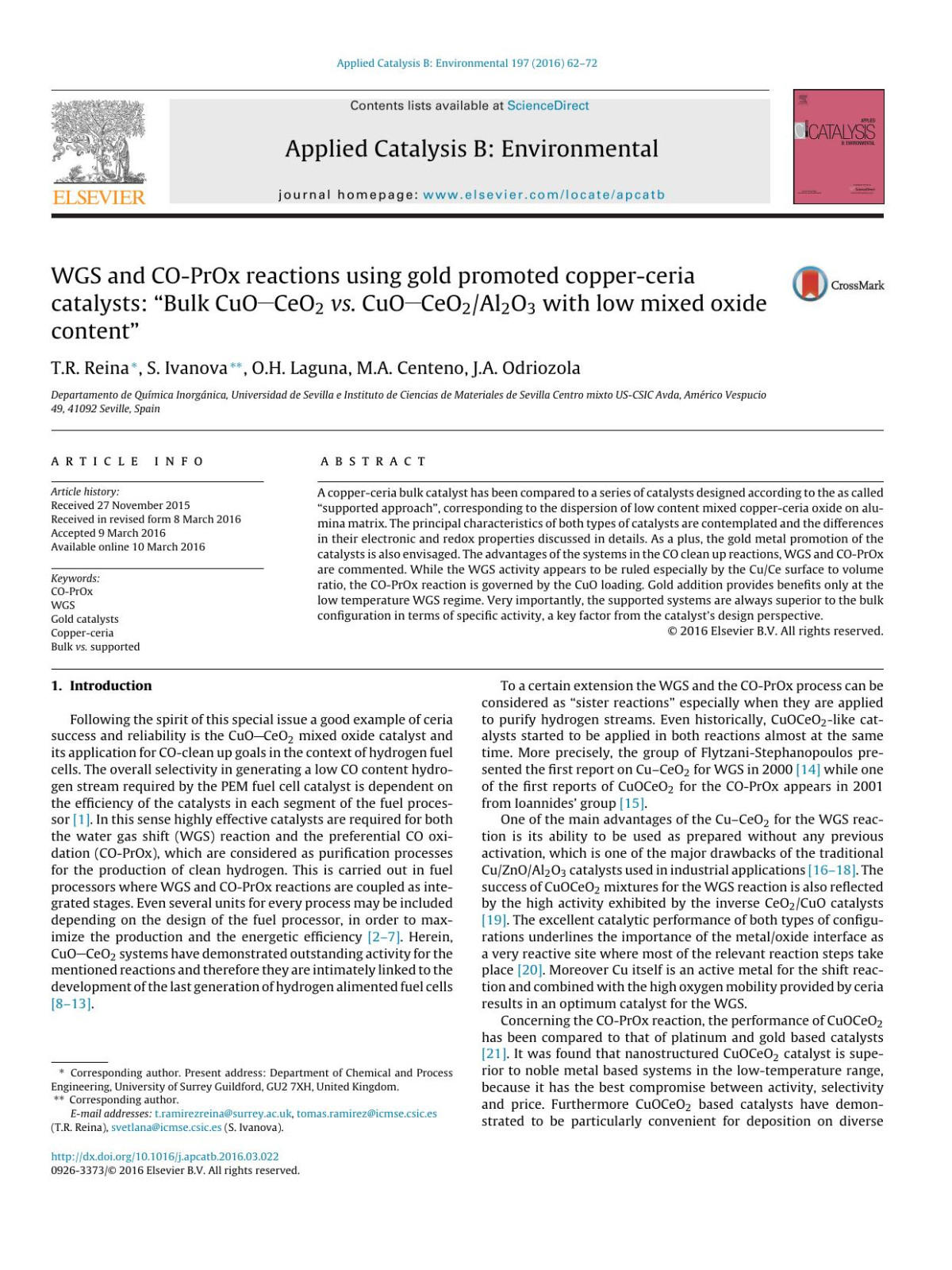 Wgs And Coprox Reactions Using Gold Promoted Copperceria Catalysts Bulk Cuoceo2 Vs Cuoceo2al2o3 With Low Mixed Oxide Content Tr Reina S Ivanova Oh Laguna Ma Centeno Ja Odriozola