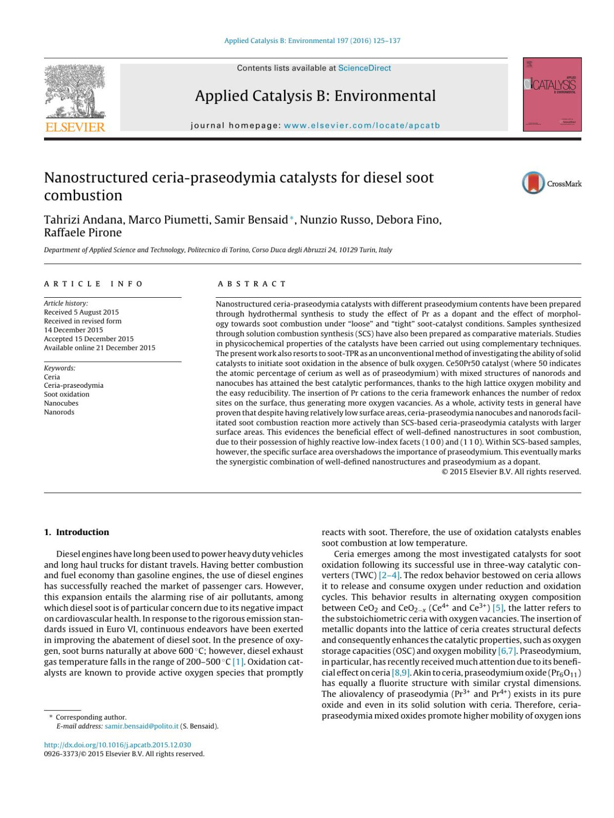 Nanostructured Ceriapraseodymia Catalysts For Diesel Soot Combustion Tahrizi Andana Marco Piumetti Samir Bensaid Nunzio Russo Debora Fino Raffaele Pirone