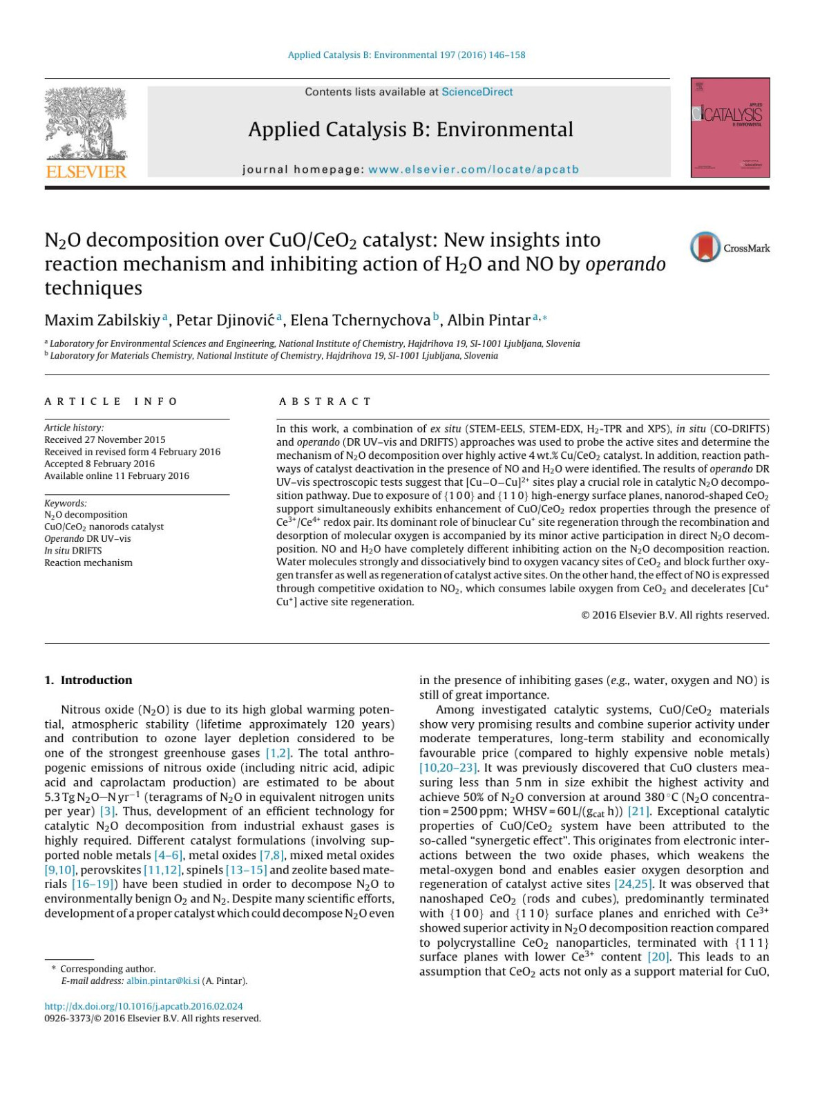 N2o Decomposition Over Cuoceo2 Catalyst New Insights Into Reaction Mechanism And Inhibiting Action Of H2o And No By Operando Techniques Maxim Zabilskiy Petar Djinovi Elena Tchernychova Albin Pintar