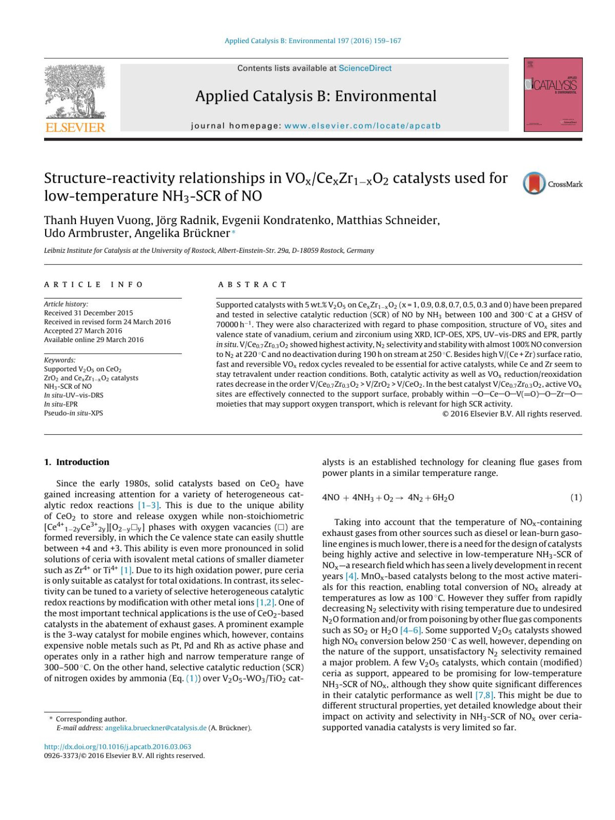 Structurereactivity Relationships In Voxcexzr1xo2 Catalysts Used For Lowtemperature Nh3scr Of No Thanh Huyen Vuong Jrg Radnik Evgenii Kondratenko Matthias Schneider Udo Armbruster Angelika Brckner