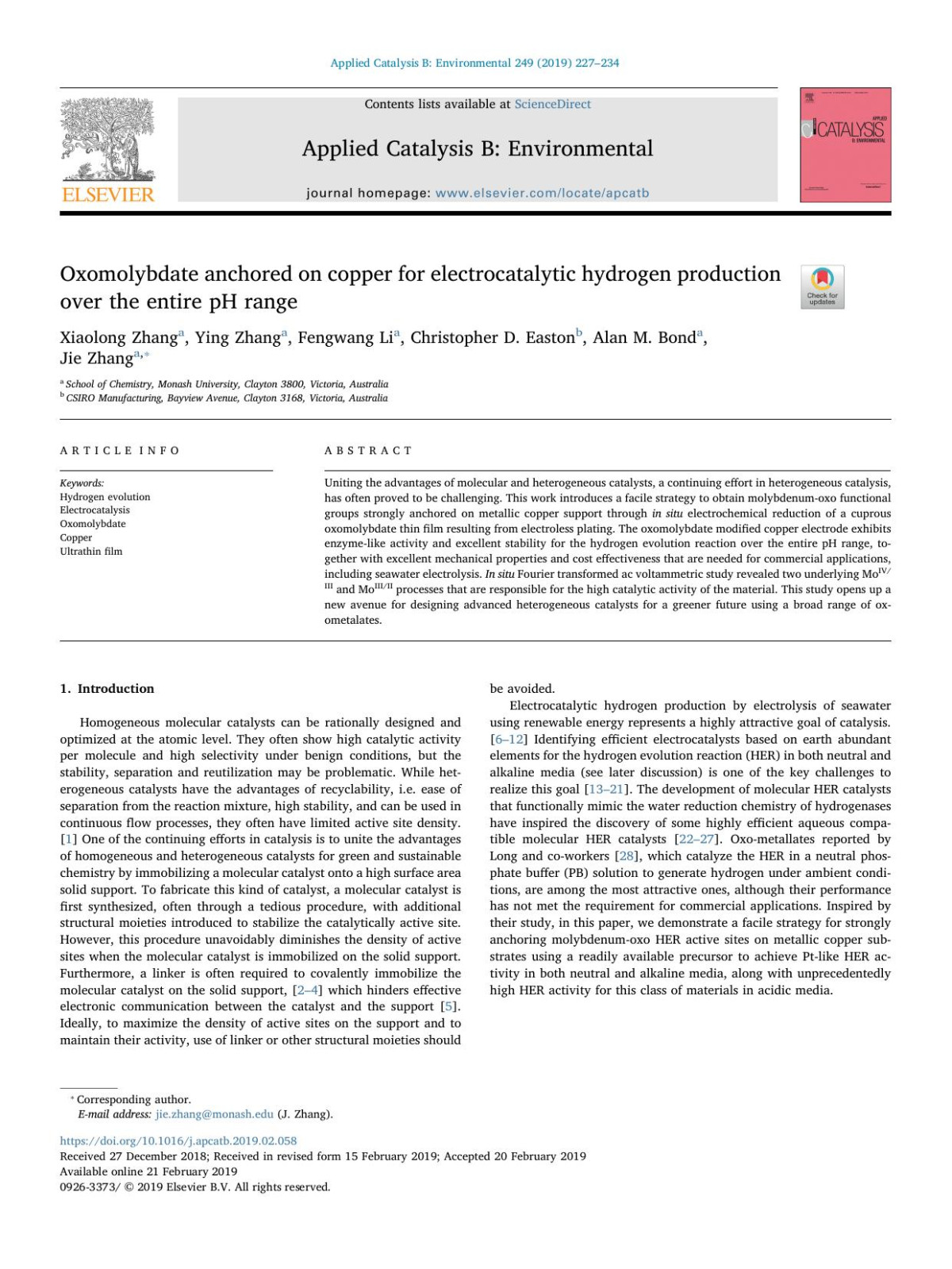 Oxomolybdate Anchored On Copper For Electrocatalytic Hydrogen Production Over The Entire Ph Range Xiaolong Zhang Ying Zhang Fengwang Li Christopher D Easton Alan M Bond Jie Zhang
