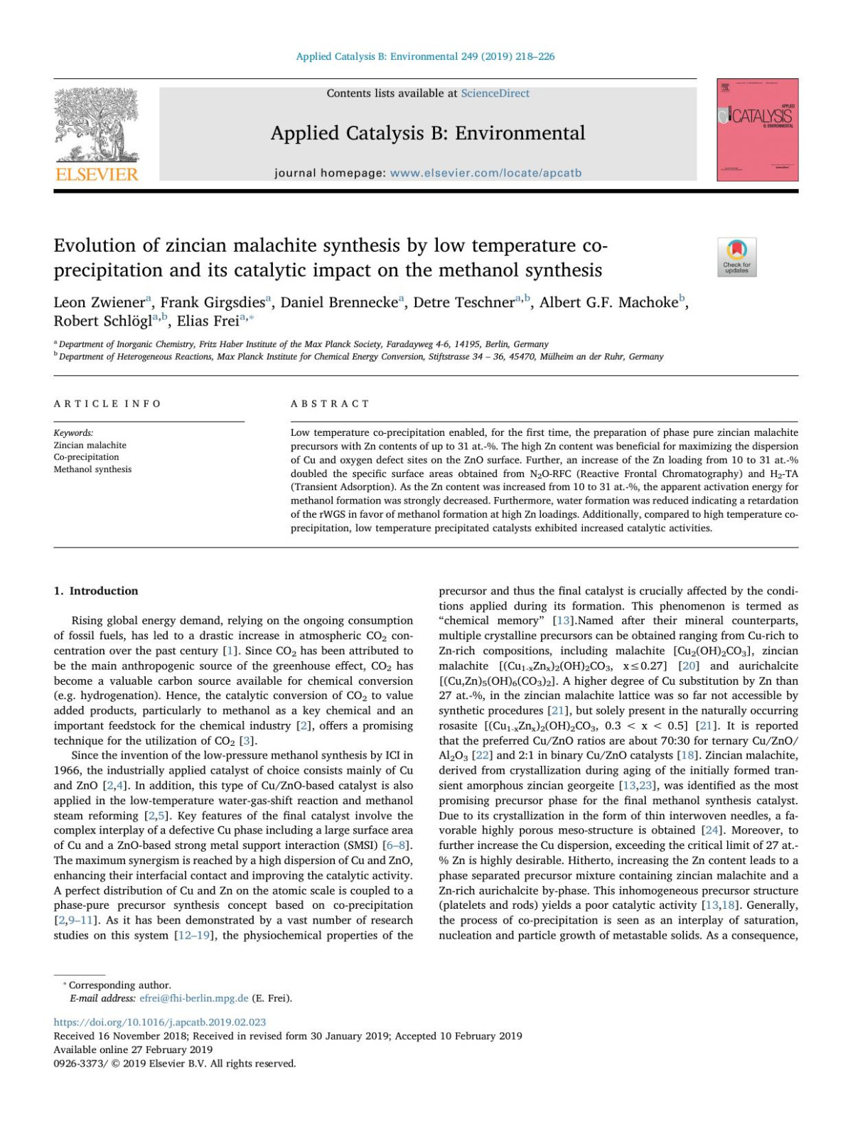 Evolution Of Zincian Malachite Synthesis By Low Temperature Coprecipitation And Its Catalytic Impact On The Methanol Synthesis Leon Zwiener Frank Girgsdies Daniel Brennecke Detre Teschner Albert Gf Machoke Robert Schlgl Elias Frei