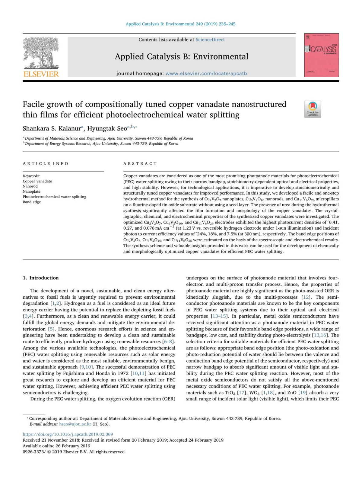 Facile Growth Of Compositionally Tuned Copper Vanadate Nanostructured Thin Films For Efficient Photoelectrochemical Water Splitting Shankara S Kalanur Hyungtak Seo