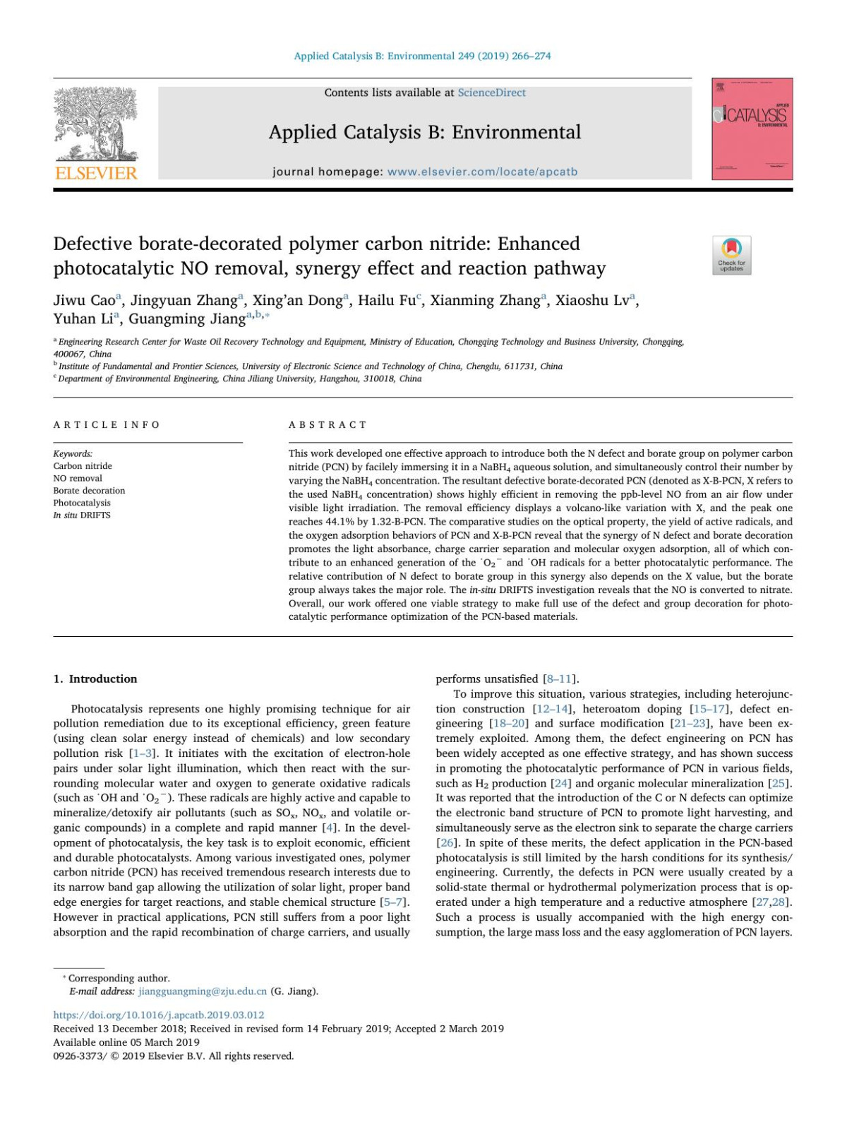 Defective Boratedecorated Polymer Carbon Nitride Enhanced Photocatalytic No Removal Synergy Effect And Reaction Pathway Jiwu Cao Jingyuan Zhang Xingan Dong Hailu Fu Xianming Zhang Xiaoshu Lv Yuhan Li Guangming Jiang