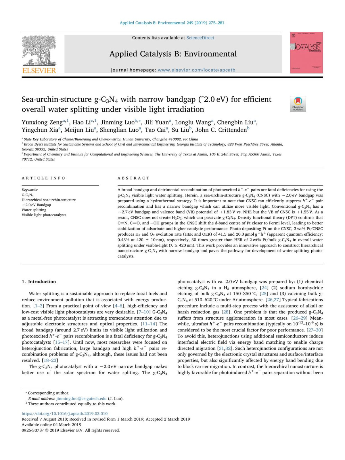 Seaurchinstructure Gc3n4 With Narrow Bandgap 20ev For Efficient Overall Water Splitting Under Visible Light Irradiation Yunxiong Zeng Hao Li Jinming Luo Jili Yuan Longlu Wang Chengbin Liu Yingchun Xia Meijun Liu Shenglian Luo Tao Cai Su Liu John C Crittenden