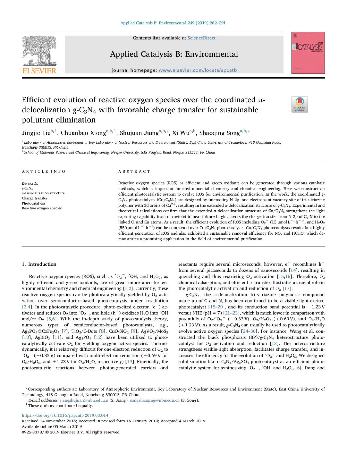 Efficient Evolution Of Reactive Oxygen Species Over The Coordinated Delocalization Gc3n4 With Favorable Charge Transfer For Sustainable Pollutant Elimination Jingjie Liu Chuanbao Xiong Shujuan Jiang Xi Wu Shaoqing Song