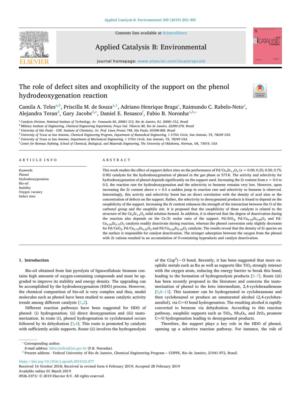The Role Of Defect Sites And Oxophilicity Of The Support On The Phenol Hydrodeoxygenation Reaction Camila A Teles Priscilla M De Souza Adriano Henrique Braga Raimundo C Rabeloneto Alejandra Teran Gary Jacobs Daniel E Resasco Fabio B Noronha