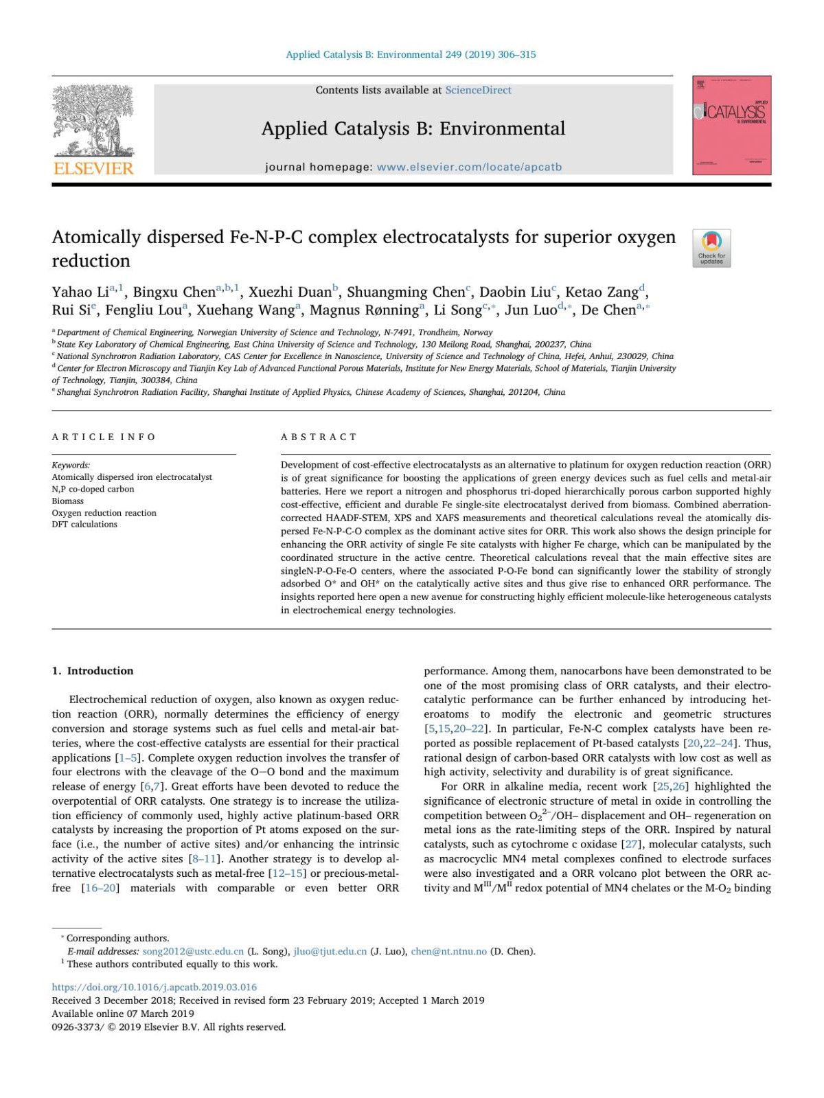 Atomically Dispersed Fenpc Complex Electrocatalysts For Superior Oxygen Reduction Yahao Li Bingxu Chen Xuezhi Duan Shuangming Chen Daobin Liu Ketao Zang Rui Si Fengliu Lou Xuehang Wang Magnus Rnning Li Song Jun Luo De Chen