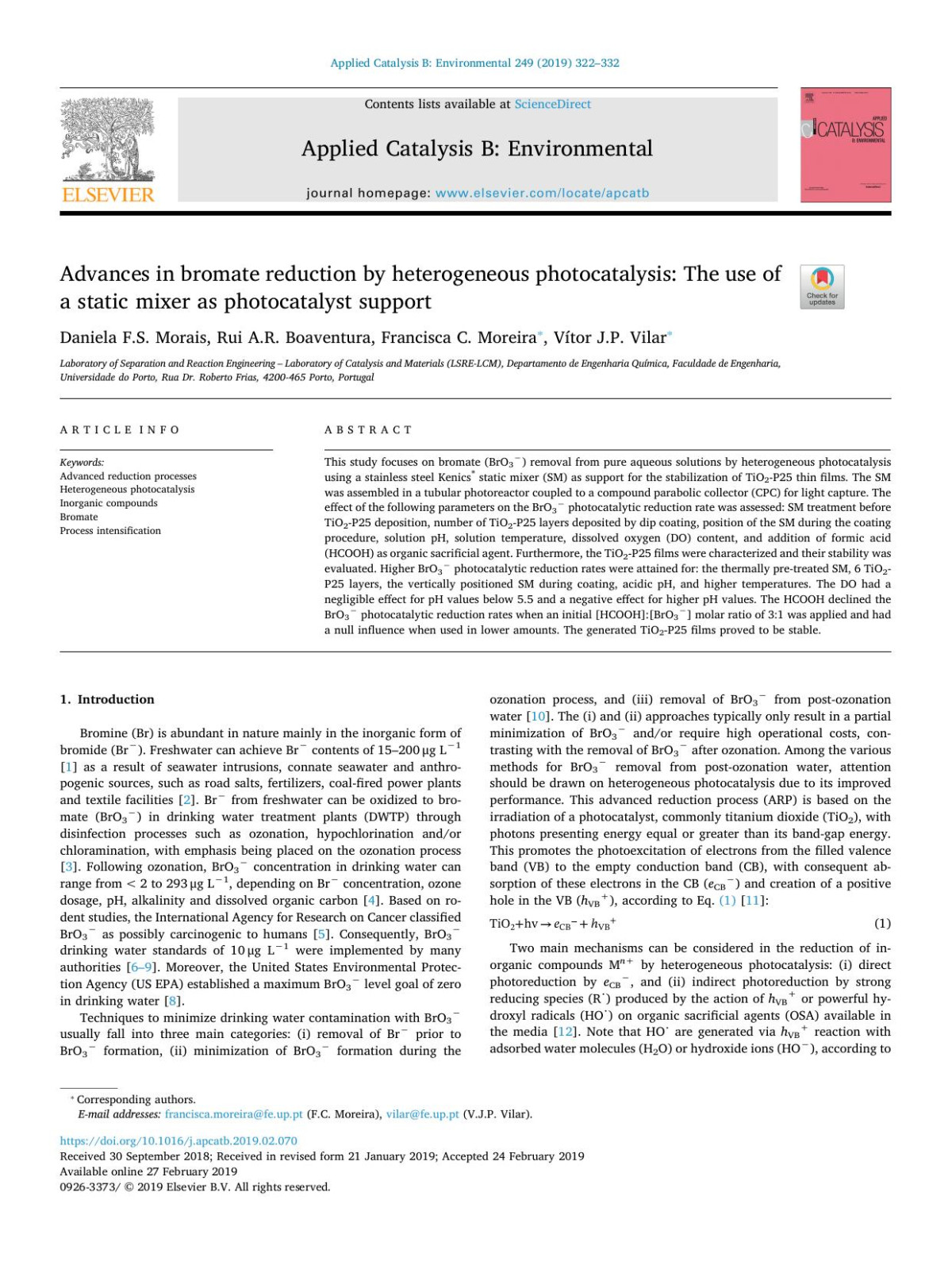 Advances In Bromate Reduction By Heterogeneous Photocatalysis The Use Of A Static Mixer As Photocatalyst Support Daniela Fs Morais Rui Ar Boaventura Francisca C Moreira Vtor Jp Vilar