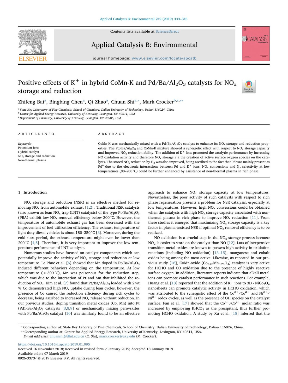 Positive Effects Of K In Hybrid Comnk And Pdbaal2o3 Catalysts For Nox Storage And Reduction Zhifeng Bai Bingbing Chen Qi Zhao Chuan Shi Mark Crocker