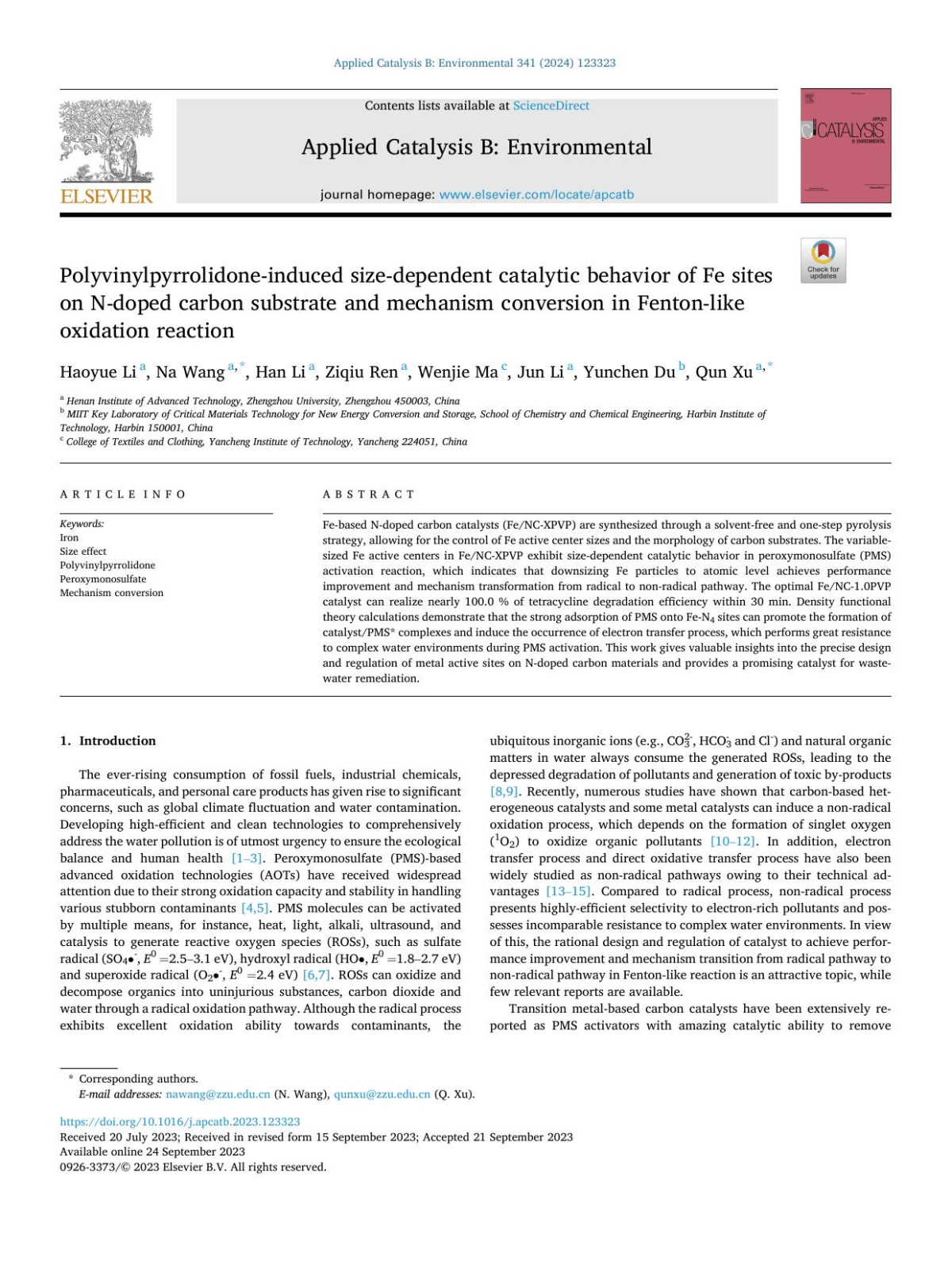 Polyvinylpyrrolidoneinduced Sizedependent Catalytic Behavior Of Fe Sites On Ndoped Carbon Substrate And Mechanism Conversion In Fentonlike Oxidation Reaction Haoyue Li