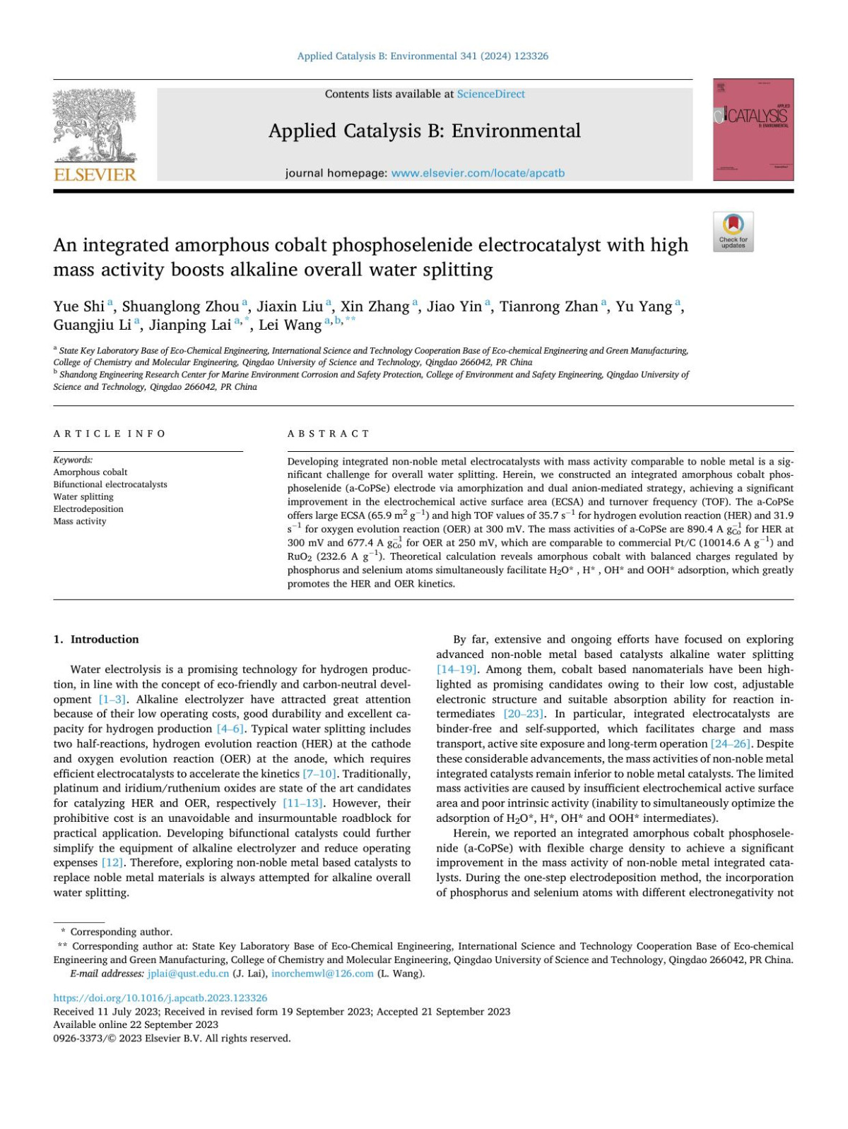 An Integrated Amorphous Cobalt Phosphoselenide Electrocatalyst With High Mass Activity Boosts Alkaline Overall Water Splitting Yue Shi